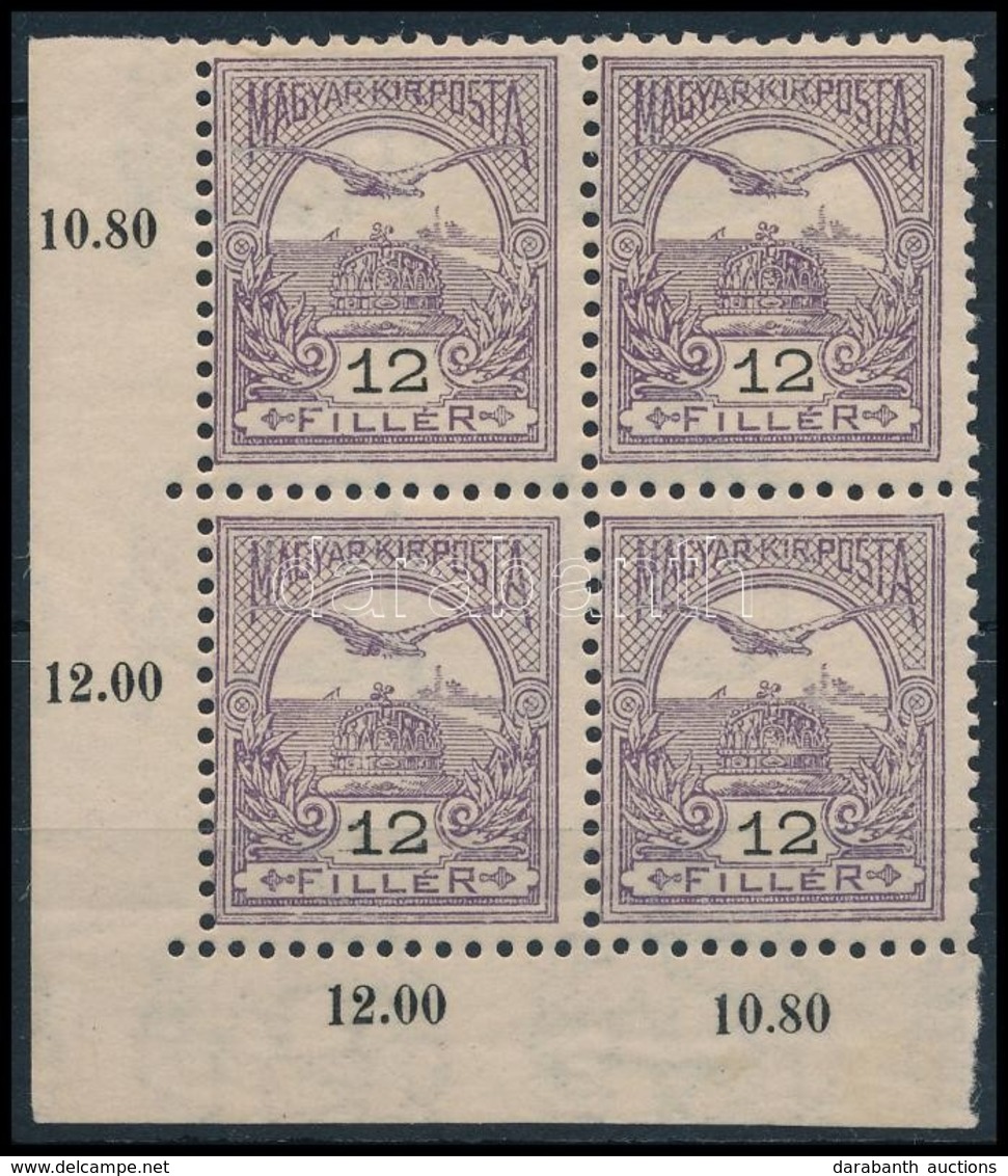 ** * 1904 Turul 12f ívsarki Négyestömb 2-es Vízjelállással, Felső 2 Bélyegen Betapadás Nyom / Mi 80 Corner Block Of 4 (g - Autres & Non Classés