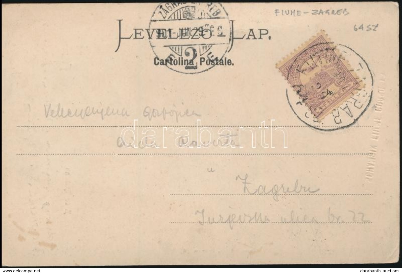 1901 Fiume Képeslap 'FIUME-ZÁGRÁB 64.SZ' Vasúti Bélyegzéssel / Fiume Postcard With Railway Postmark - Sonstige & Ohne Zuordnung