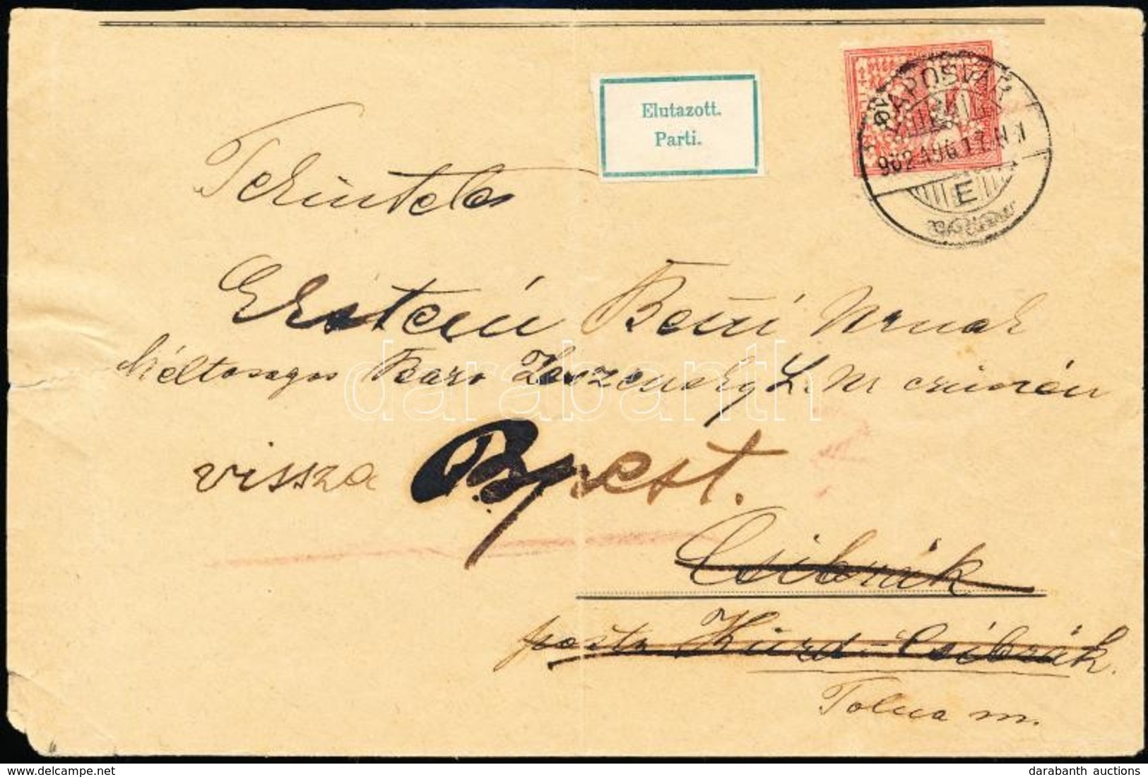 1902 Levél Turul 10f R.A.1938 Céglyukasztásos Bélyeggel, Elutazott Címkével Visszaküldve / Cover With Perfin Stamp, Retu - Autres & Non Classés