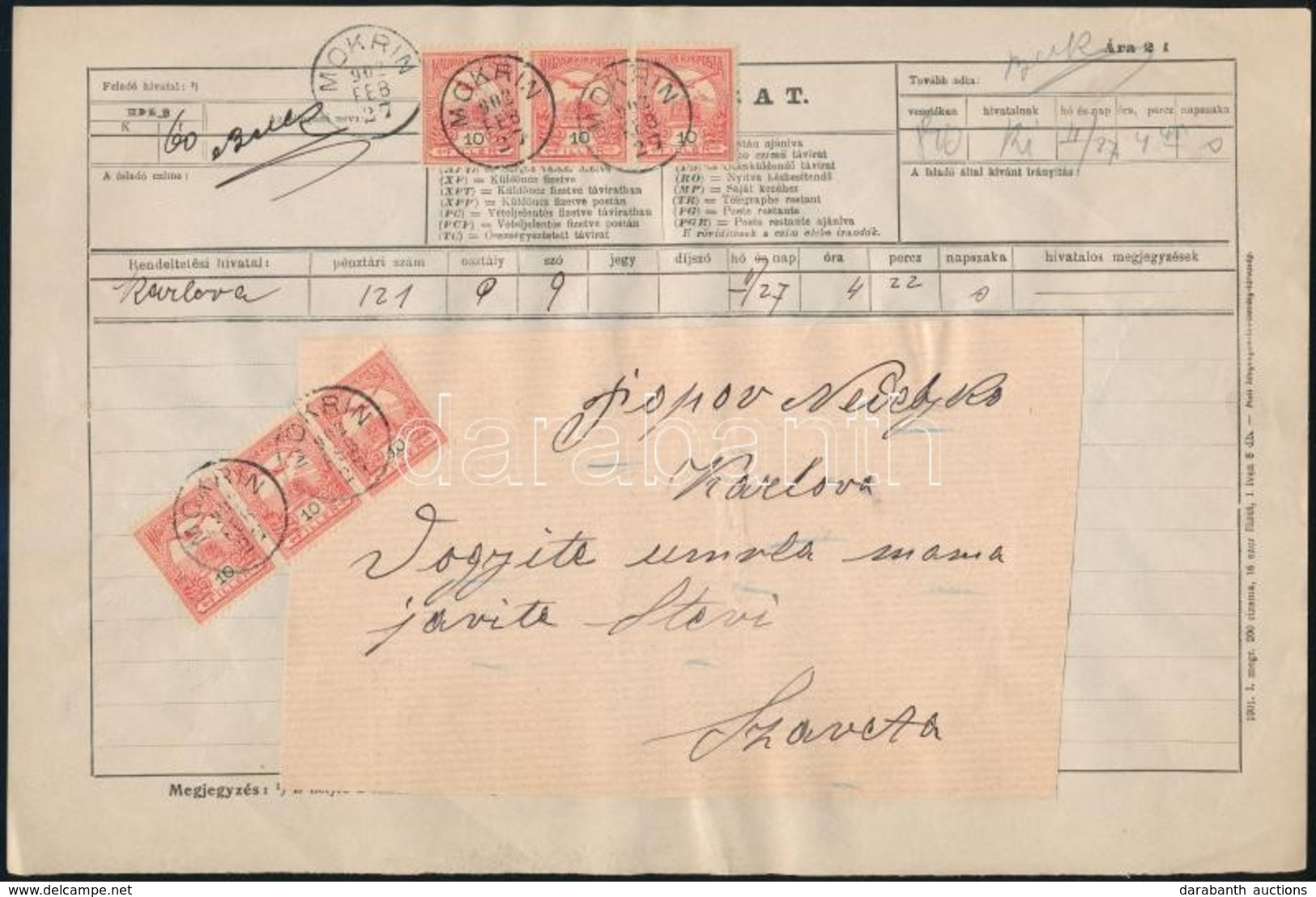 1902 Távirat / Telegramm ,,MOKRIN' - Autres & Non Classés