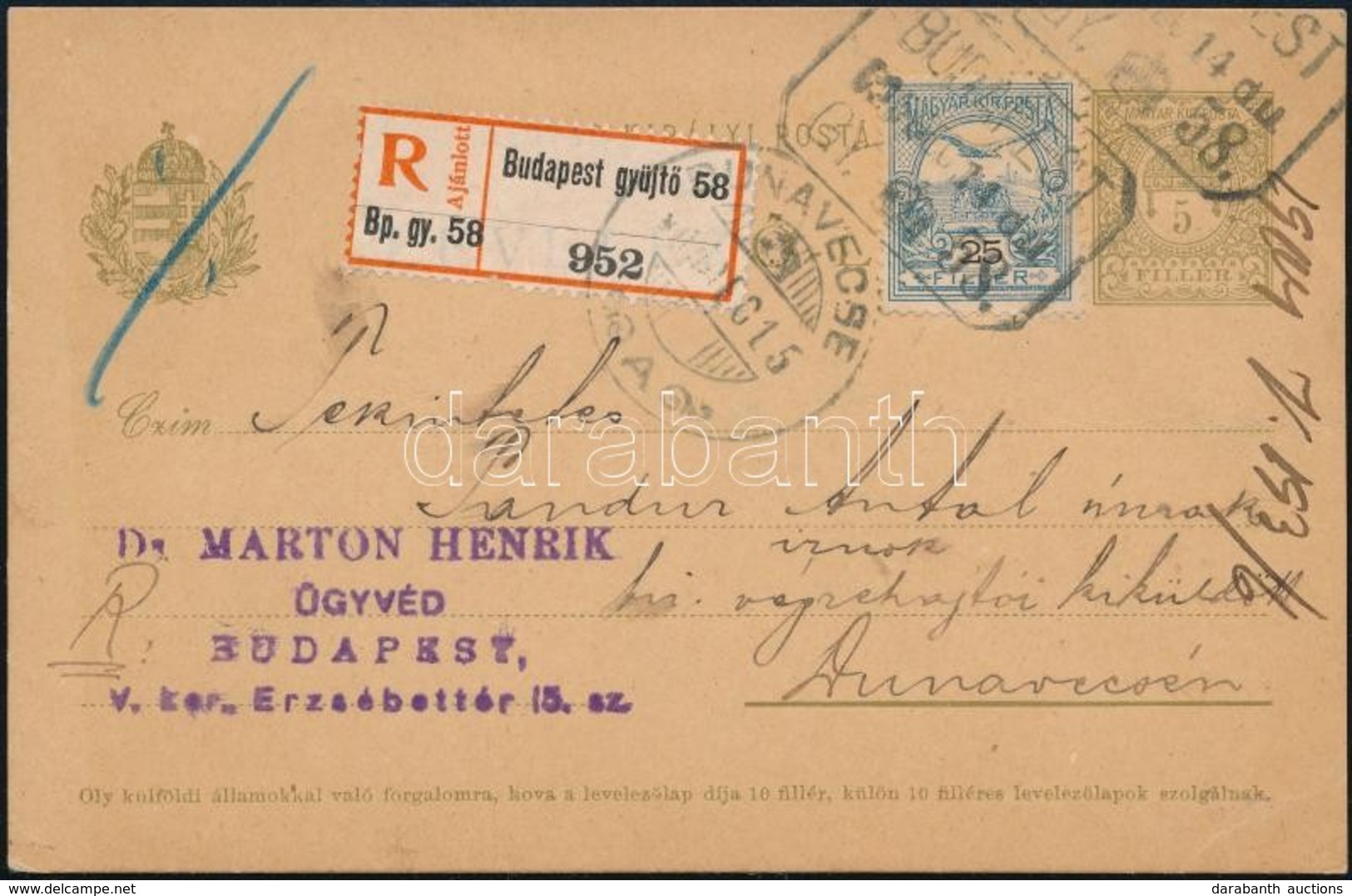 1905 Ajánlott Díjjegyes Levelezőlap 25f Díjkiegészítéssel / Registered PS-card With 25f Additional Franking 'BUDAPEST GY - Sonstige & Ohne Zuordnung