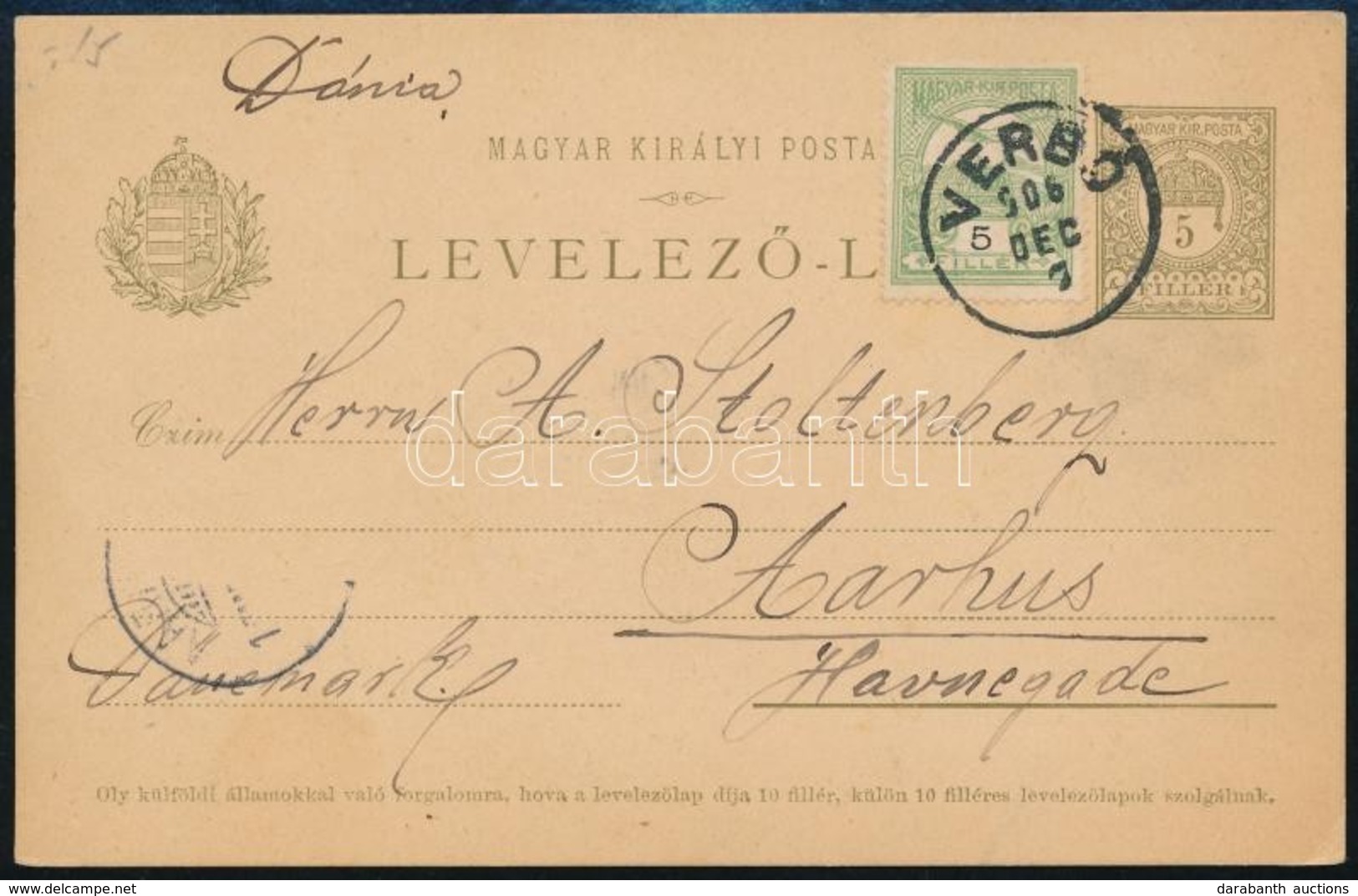 1906 Díjkiegészített Levelezőlap Dániába / PS-card With Additional Franking To Denmark 'VERBÓ' - Autres & Non Classés