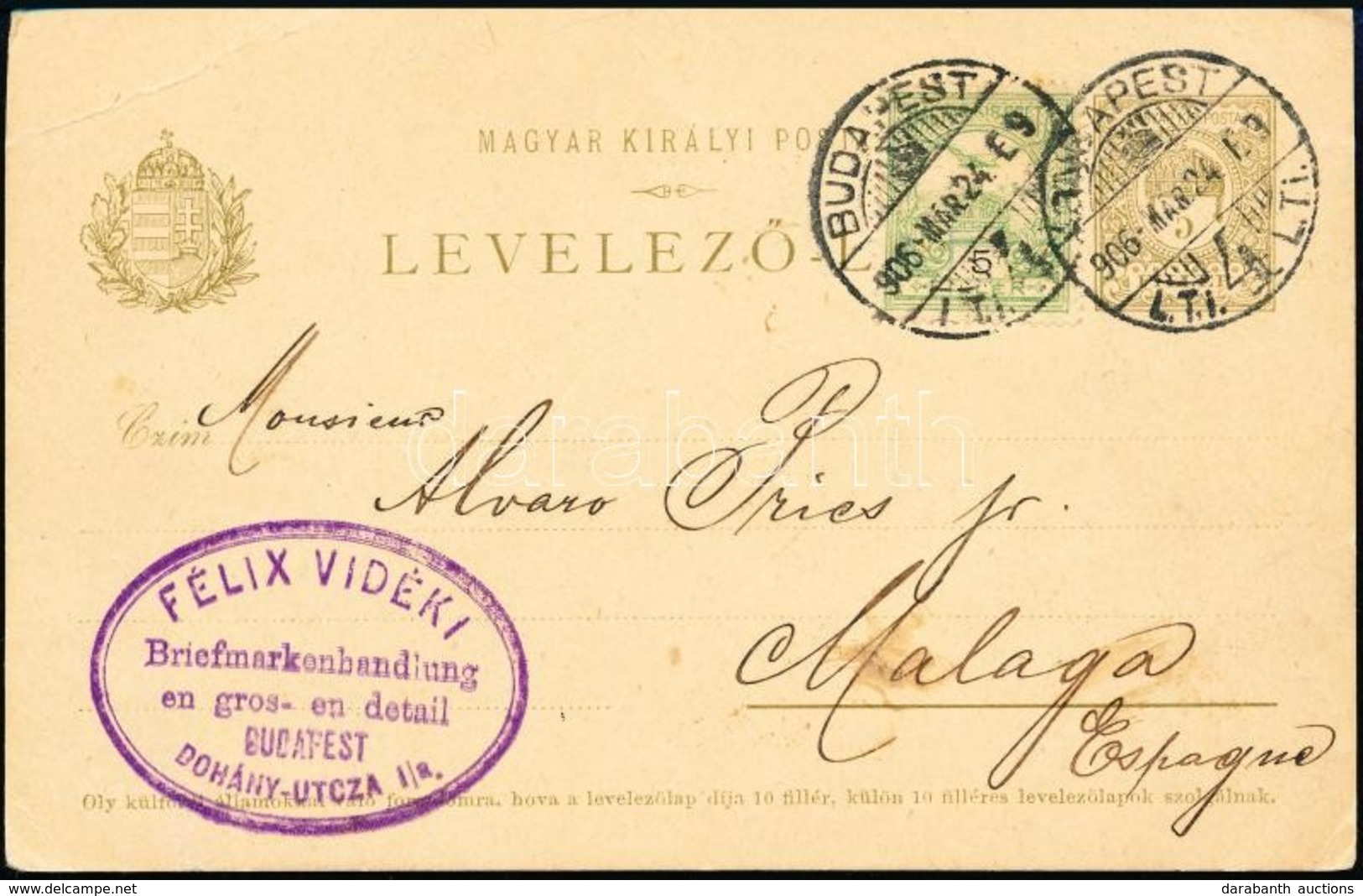 1906 Díjkiegészített Díjjegyes Levelezőlap Malagába / PS-card With Additional Franking To Malaga - Sonstige & Ohne Zuordnung
