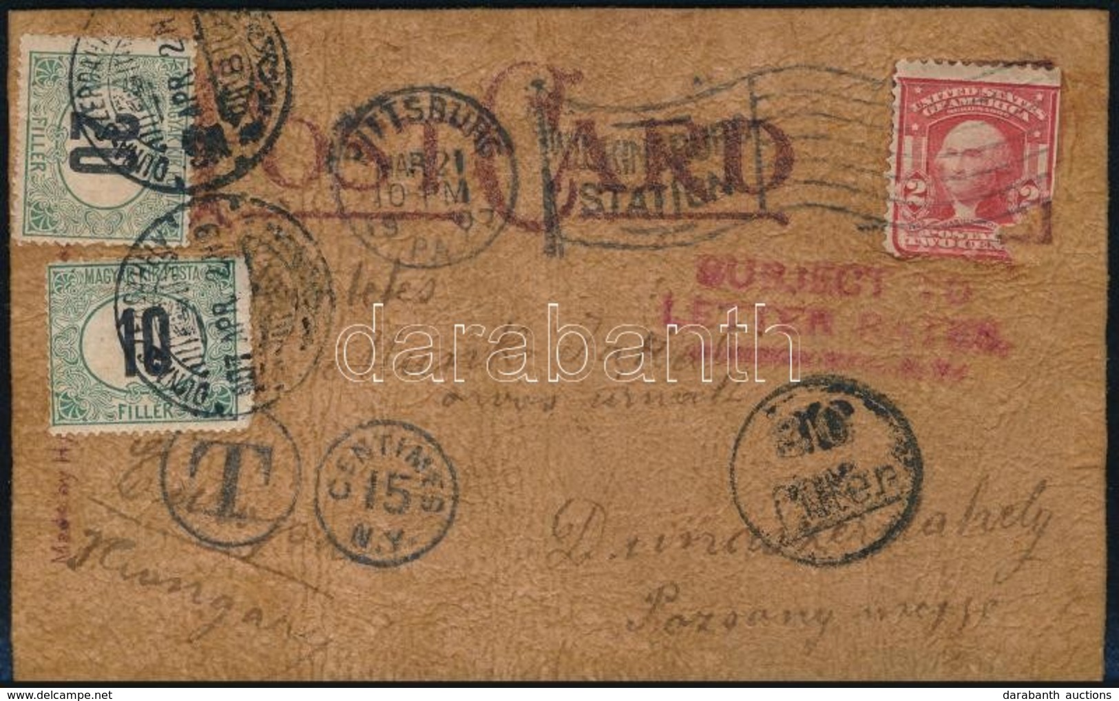 1907 Bőrből Készült Képeslap Az USA-ból Feketeszámú 10f + 20f Portóval / Postcard Made Of Leather From The USA With Post - Sonstige & Ohne Zuordnung