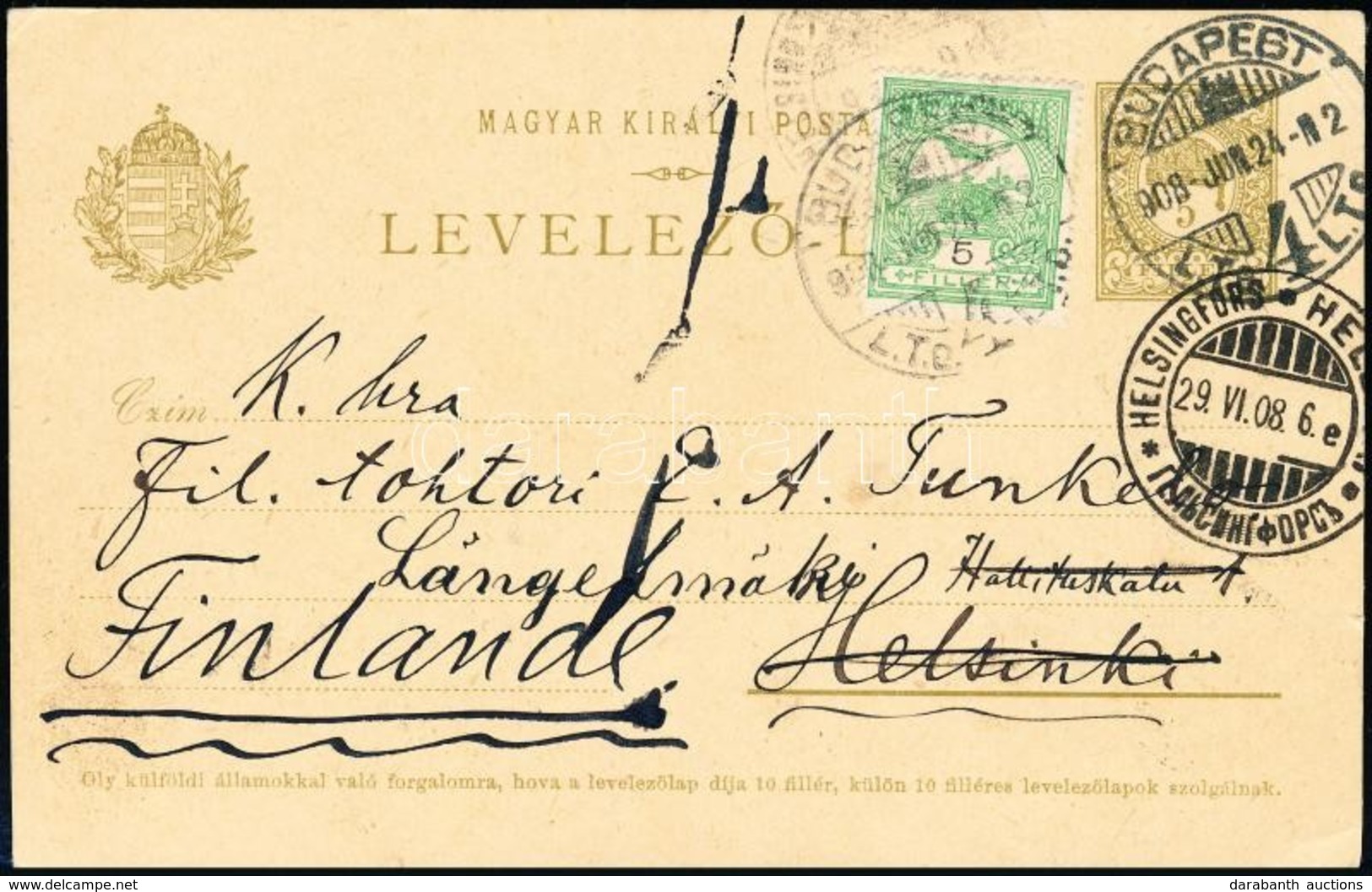 1908 Díjkiegészített Díjjegyes Levelezőlap Helsinkibe, Továbbküldve / PS-card With Additional Franking To Helsinki, Redi - Sonstige & Ohne Zuordnung