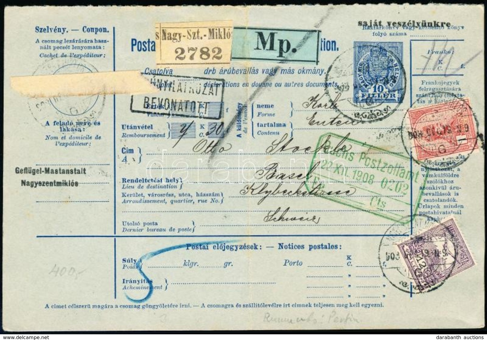 1908 Utánvételes Csomagszállító PA Céglyukasztásos Bélyegekkel Bérmentesítve Svájcba / C.O.D. Card Franked With Perfin S - Sonstige & Ohne Zuordnung