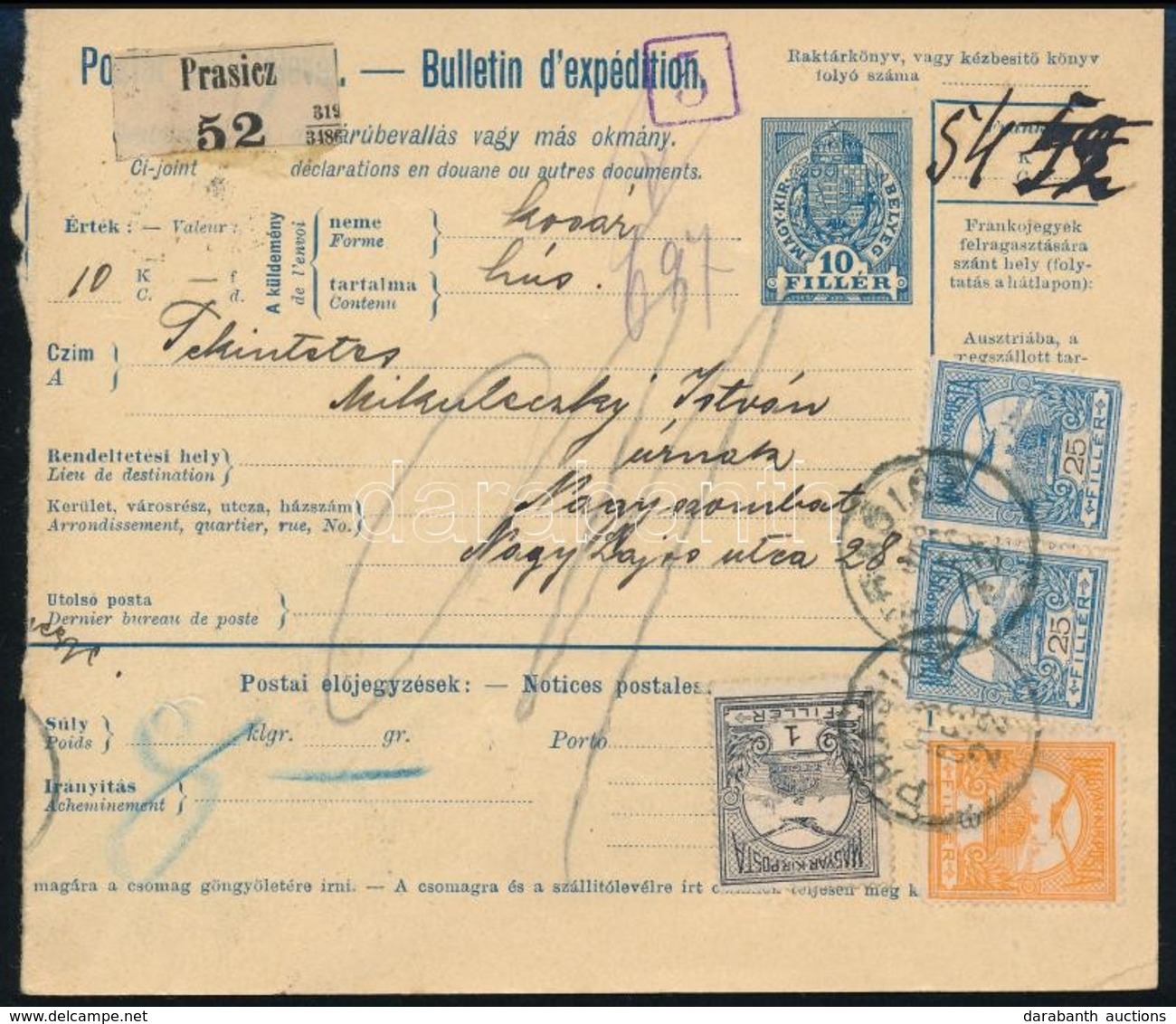 1908 Csomagszállító Prasiczról (Felvidék, Nyitra Megye) Nagyszombatra / Parcel Card - Sonstige & Ohne Zuordnung
