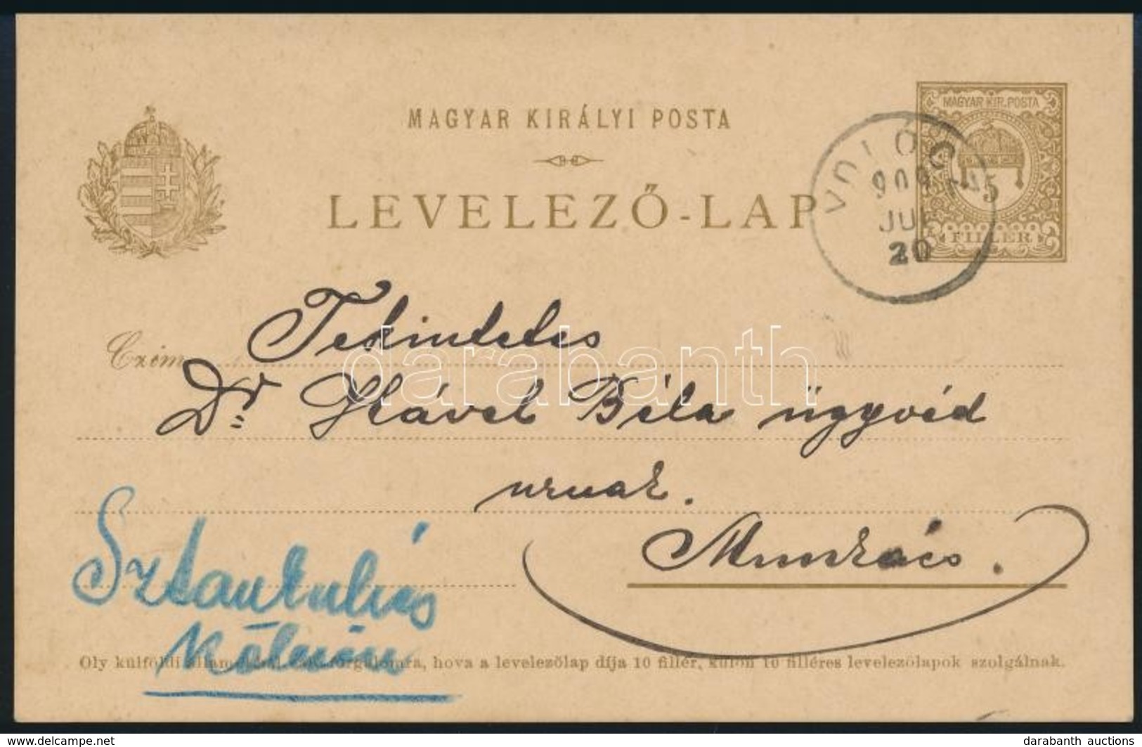1909 Díjjegyes Levelezőlap Egykörös 'VOLÓCZ' Bélyegzéssel Munkácsra / PS-card - Sonstige & Ohne Zuordnung