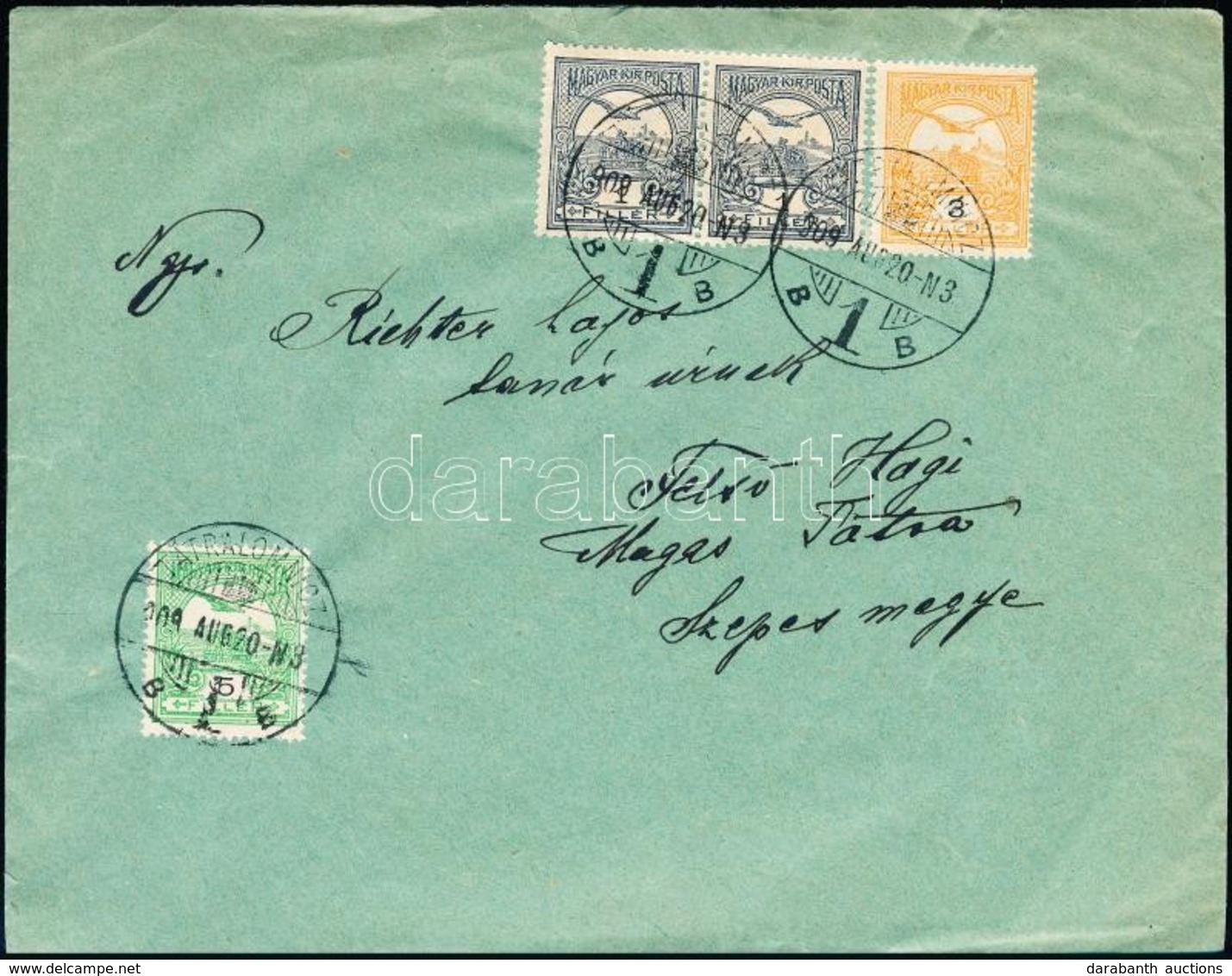 1909 Levél 3 Színű Bérmentesítéssel / Cover With 3 Colour Franking ,,TÁTRALOMNICZ' - Felső Hági - Sonstige & Ohne Zuordnung