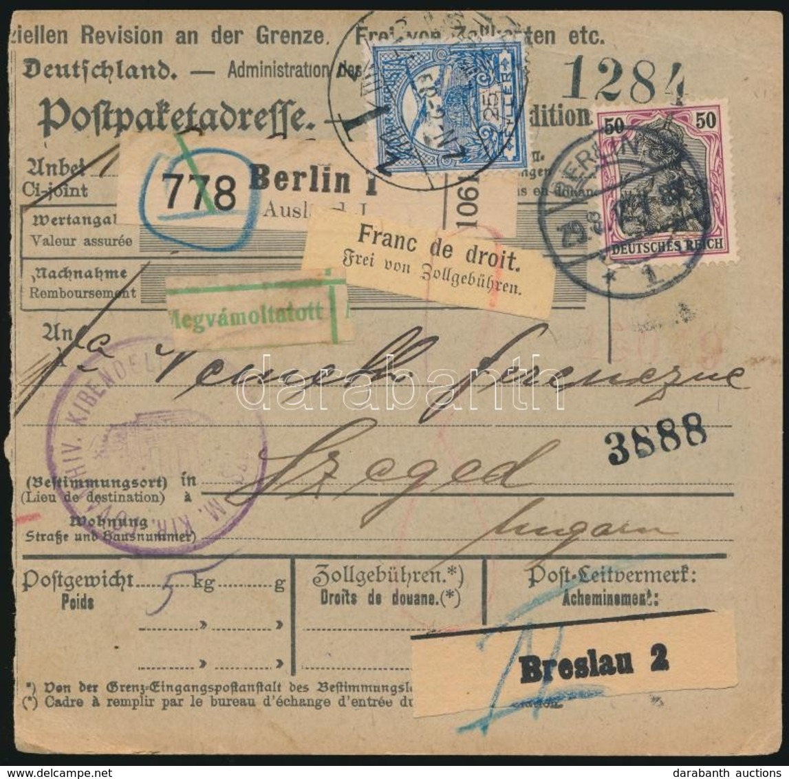 1912 Csomagszállító Berlinből Szegedre 25f Vámértesítési Díjjal / Parcel Card From Germany With 25f Customs Notification - Sonstige & Ohne Zuordnung