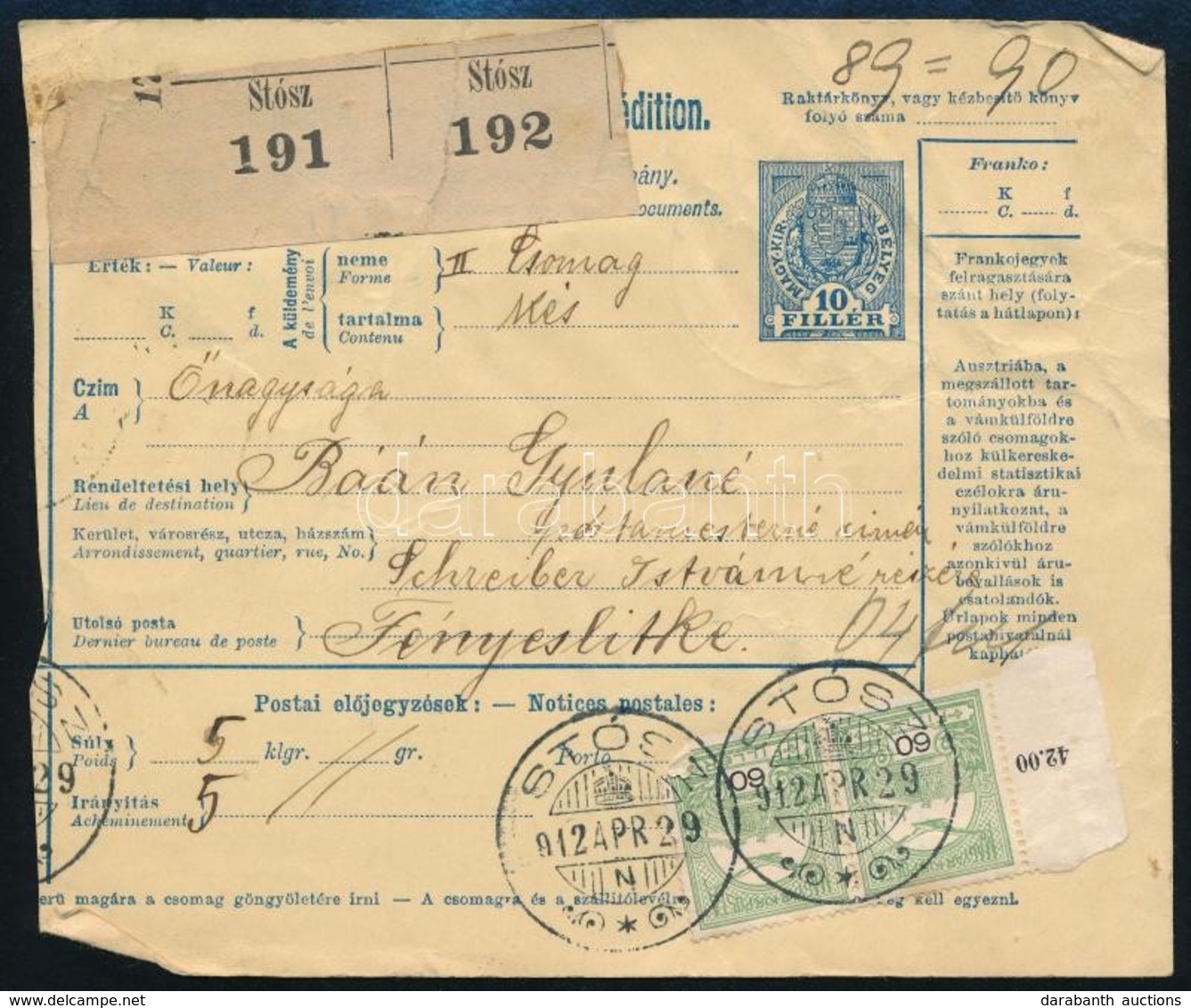 1912 Sommás Csomagszállító 2 X 60f Kiegészítéssel Fényeslitkére / Parcel Card 'STÓSZ' - Sonstige & Ohne Zuordnung