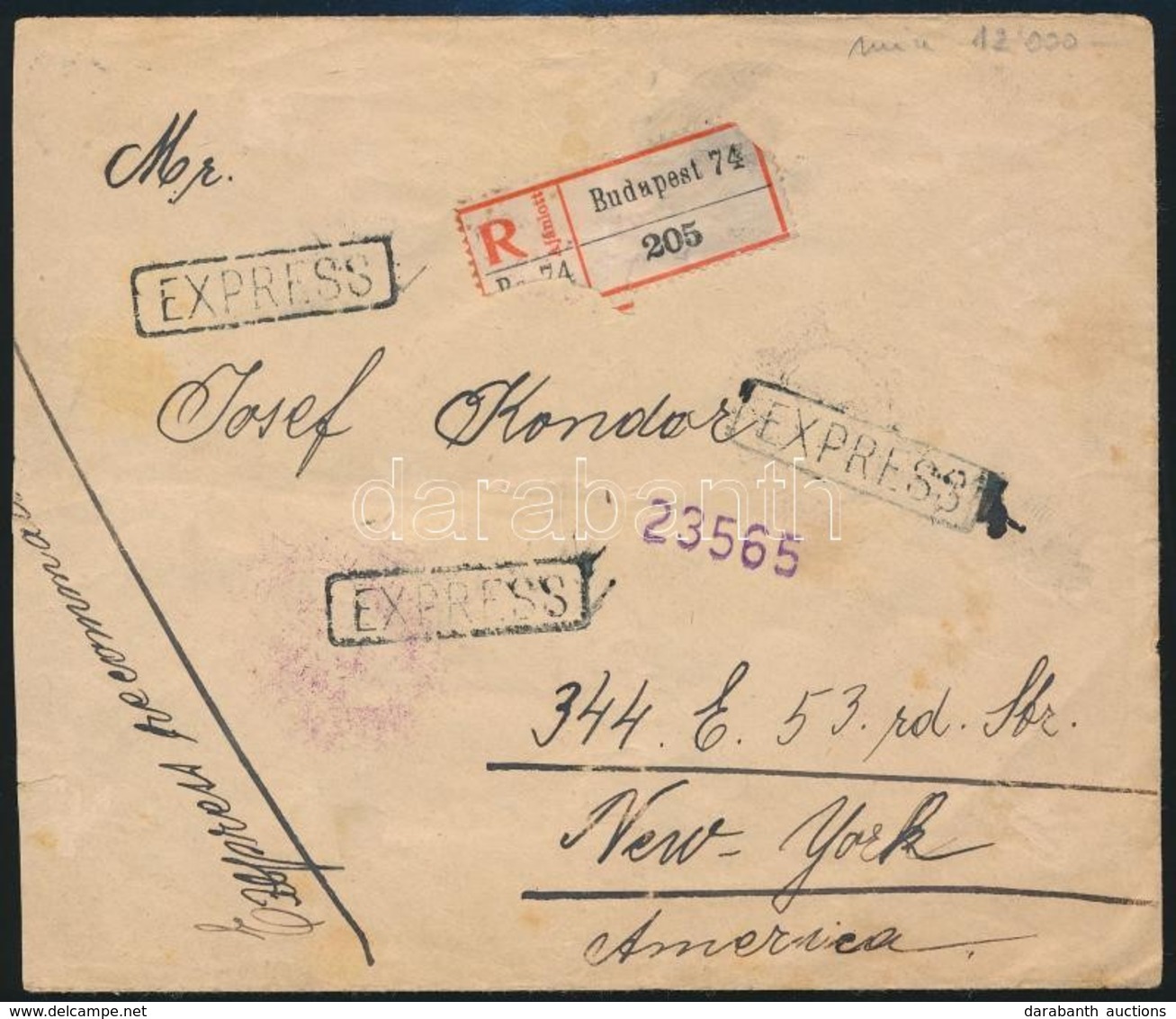 1912 Ajánlott Expressz Levél 80f Bérmentesítéssel New Yorkba / Registered Express Cover To New York - Sonstige & Ohne Zuordnung