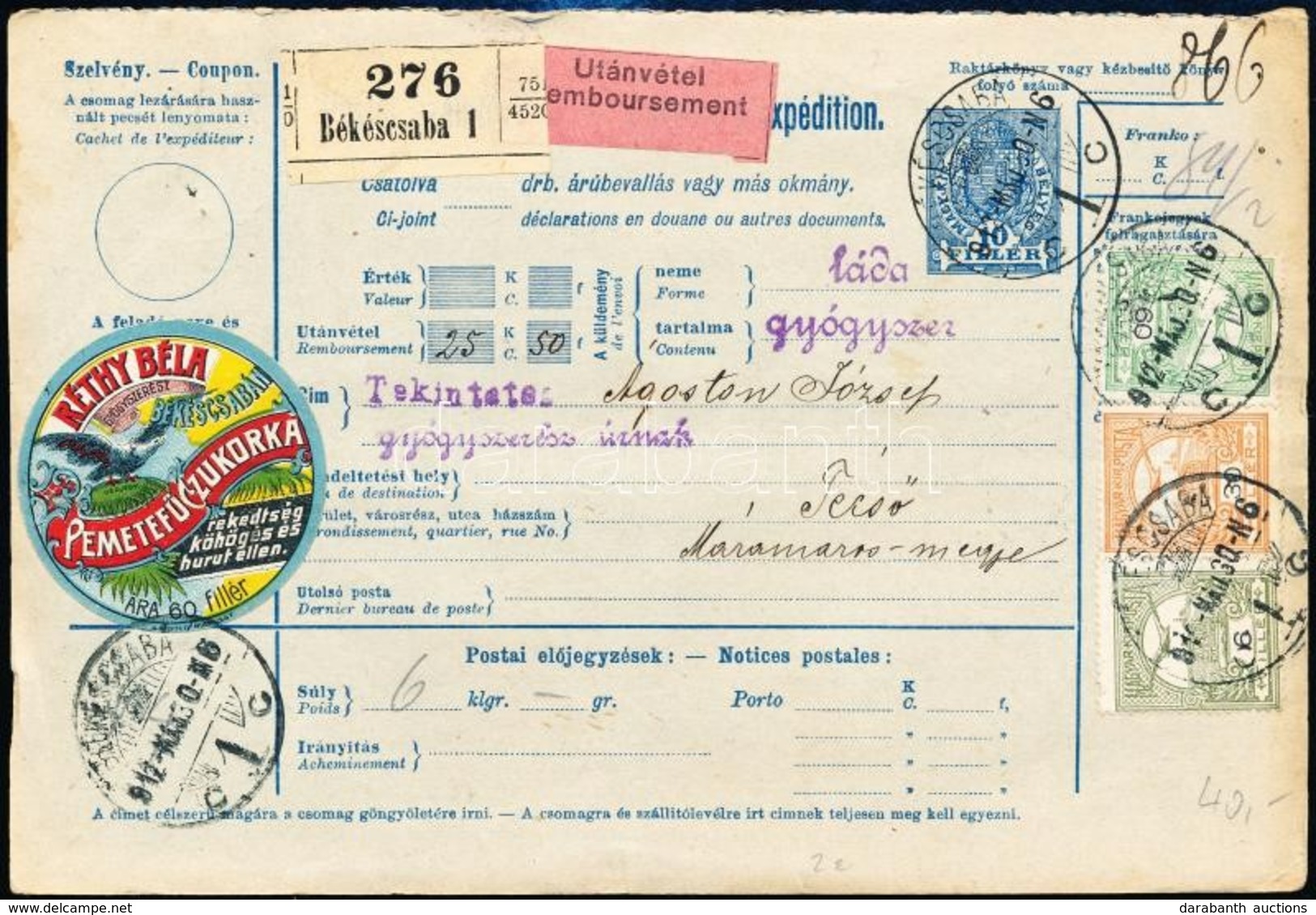 1912 Utánvételes Teljes Csomagszállító 96f Díjkiegészítéssel Tecsőre, Réthy Béla Levélzáróval / COD Complete Parcel Card - Sonstige & Ohne Zuordnung