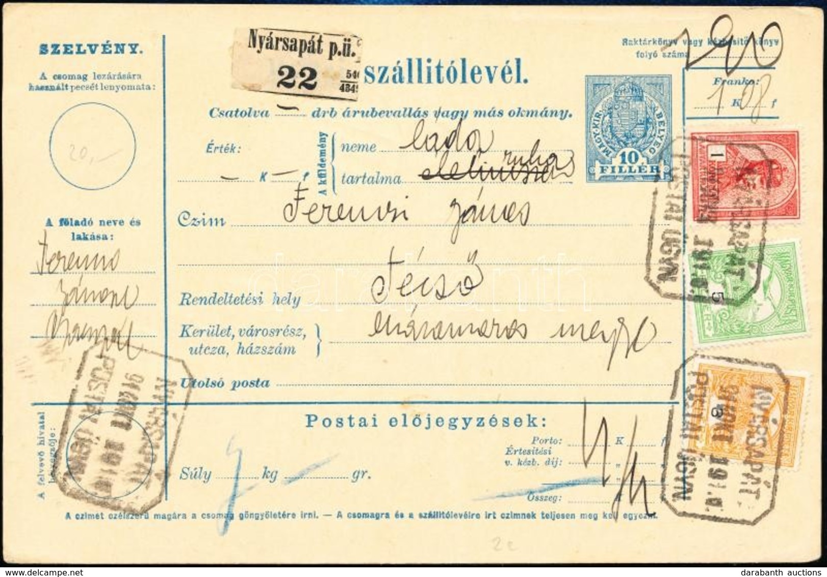1914 Csomagszállító NYÁRSAPÁT Postaügynökségi Bélyegzéssel / Parcel Card With Postal Agency Postmark - Sonstige & Ohne Zuordnung