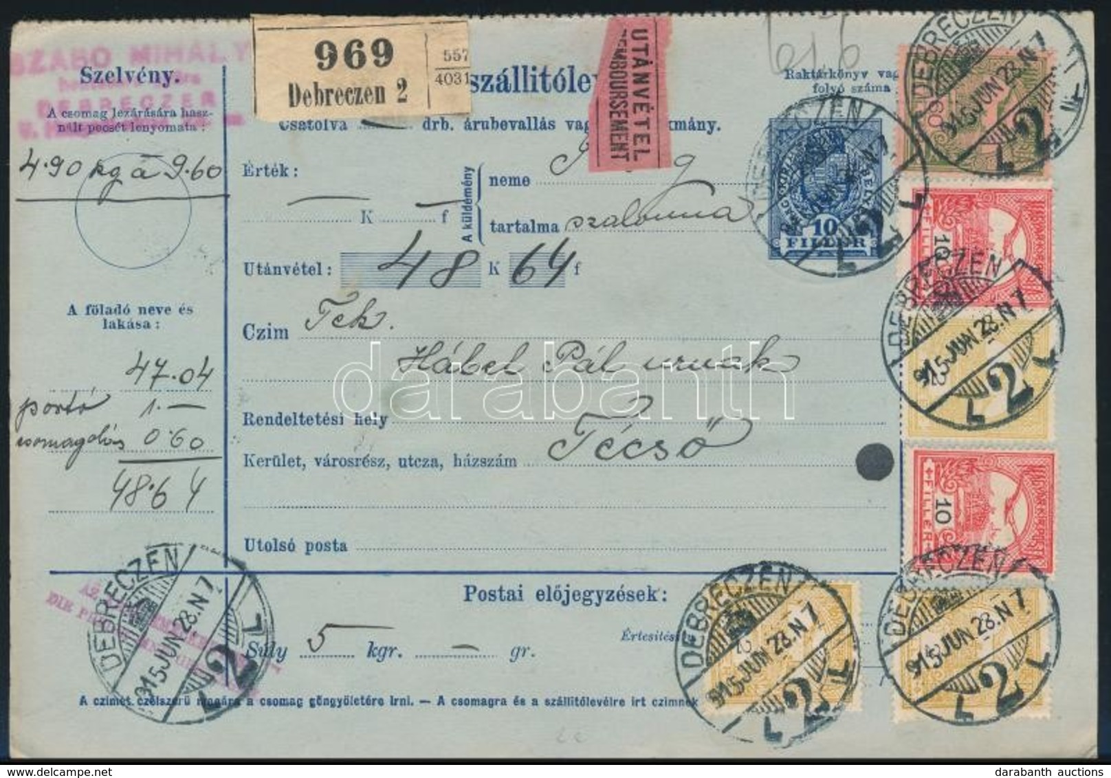 1915 Teljes Utánvételes Csomagszállító Turul 76f Bérmentesítéssel, Hátoldalán Postai Feladóvevény /  COD Parcel Card Wit - Sonstige & Ohne Zuordnung