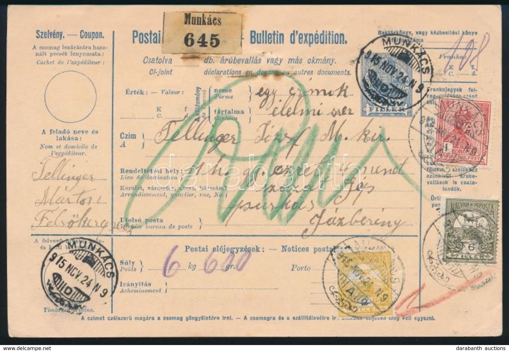 1915 Teljes Csomagszállító 1,08K Kiegészítéssel Munkácsról / Complete Parcel Card - Sonstige & Ohne Zuordnung