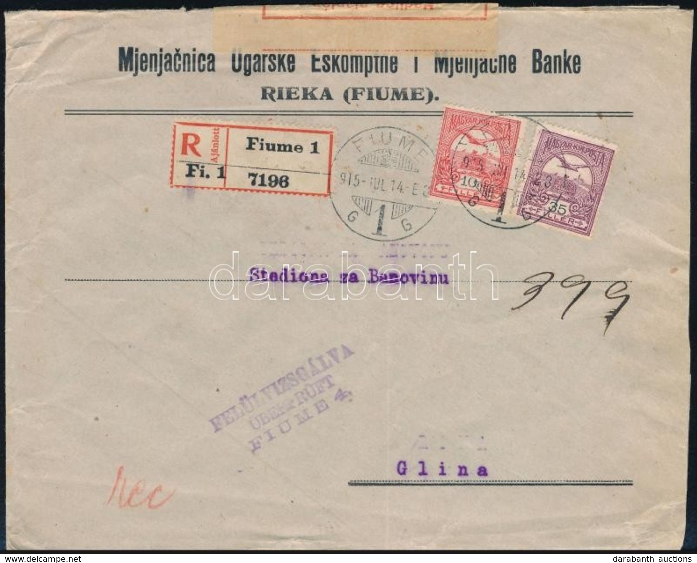 1915 Cenzúrázott Céges Ajánlott Levél / Registered Censored Business Cover 'FIUME' - Glina - Sonstige & Ohne Zuordnung