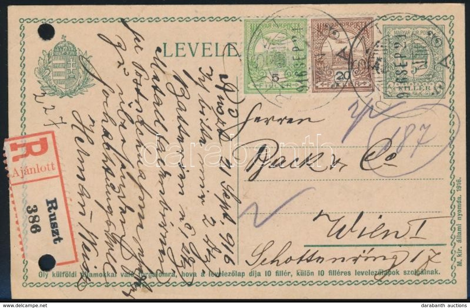 1916 Ajánlott Díjjegyes Levelezőlap Turul 5f + 20f Díjkiegészítéssel / Registered PS-card With 25f Additional Franking ' - Sonstige & Ohne Zuordnung