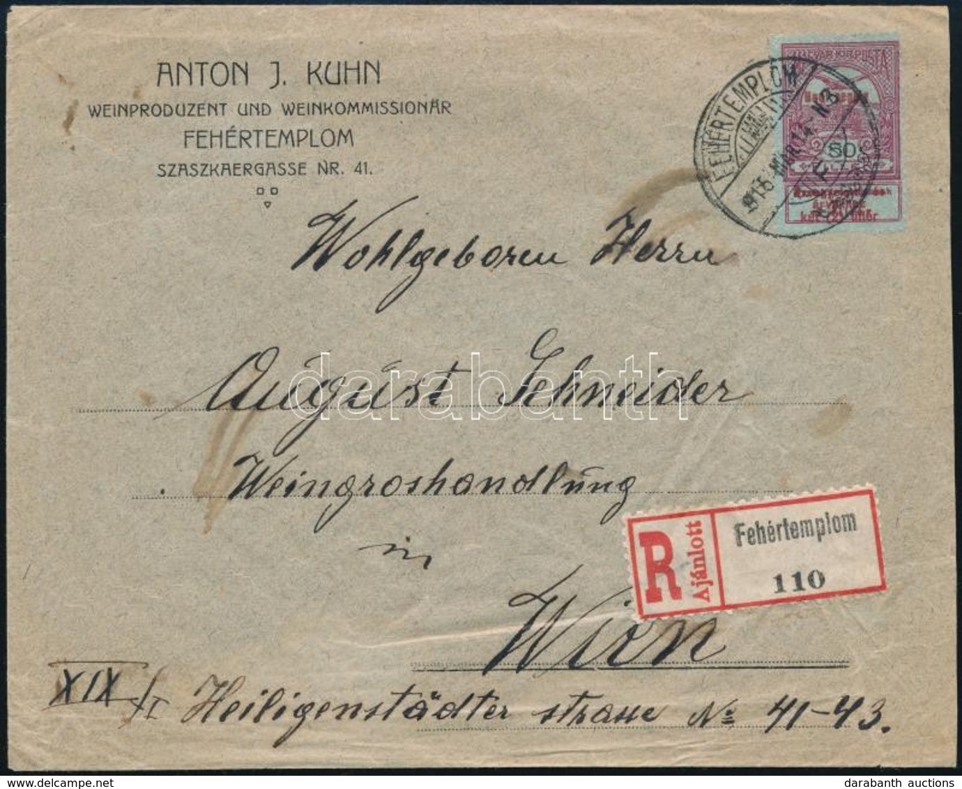 1916 Hadisegély I. 50f Bélyeg Ajánlott Levélen Bécsbe / Mi 157 On Registered Cover To Vienna 'FEHÉRTEMPLOM' - Sonstige & Ohne Zuordnung