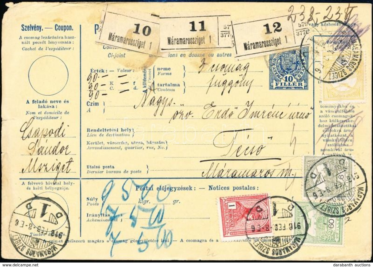 1916 Postai Szállítólevél 3 Csomagról / Parcel Card Of 3 Parcels 'MÁRAMAROS SZIGET' - Técső - Sonstige & Ohne Zuordnung