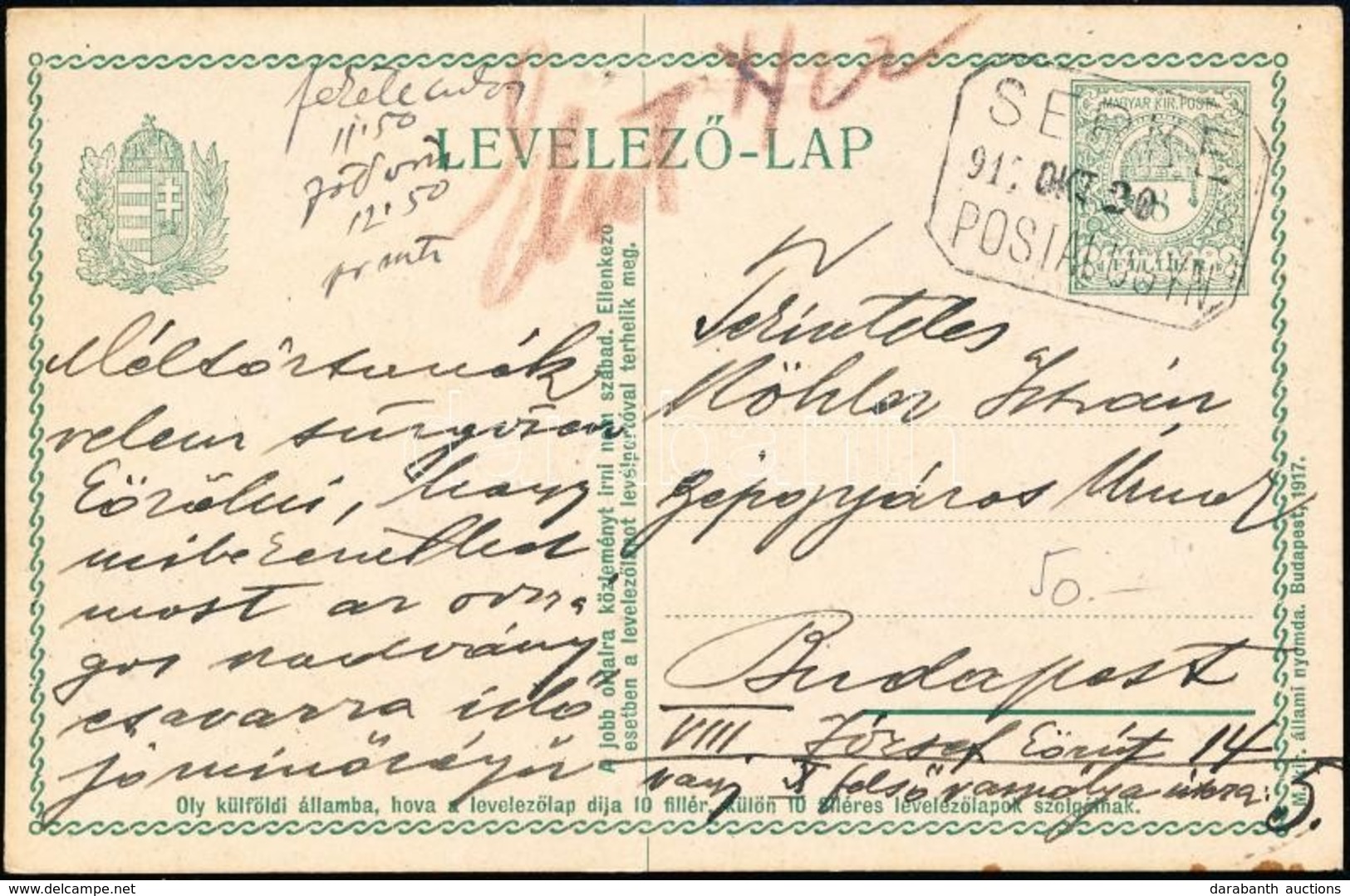 1917 Díjjegyes Levelezőlap SERKE Postaügynökségi Bélyegzéssel / PS-card With Postal Agency Postmark - Sonstige & Ohne Zuordnung