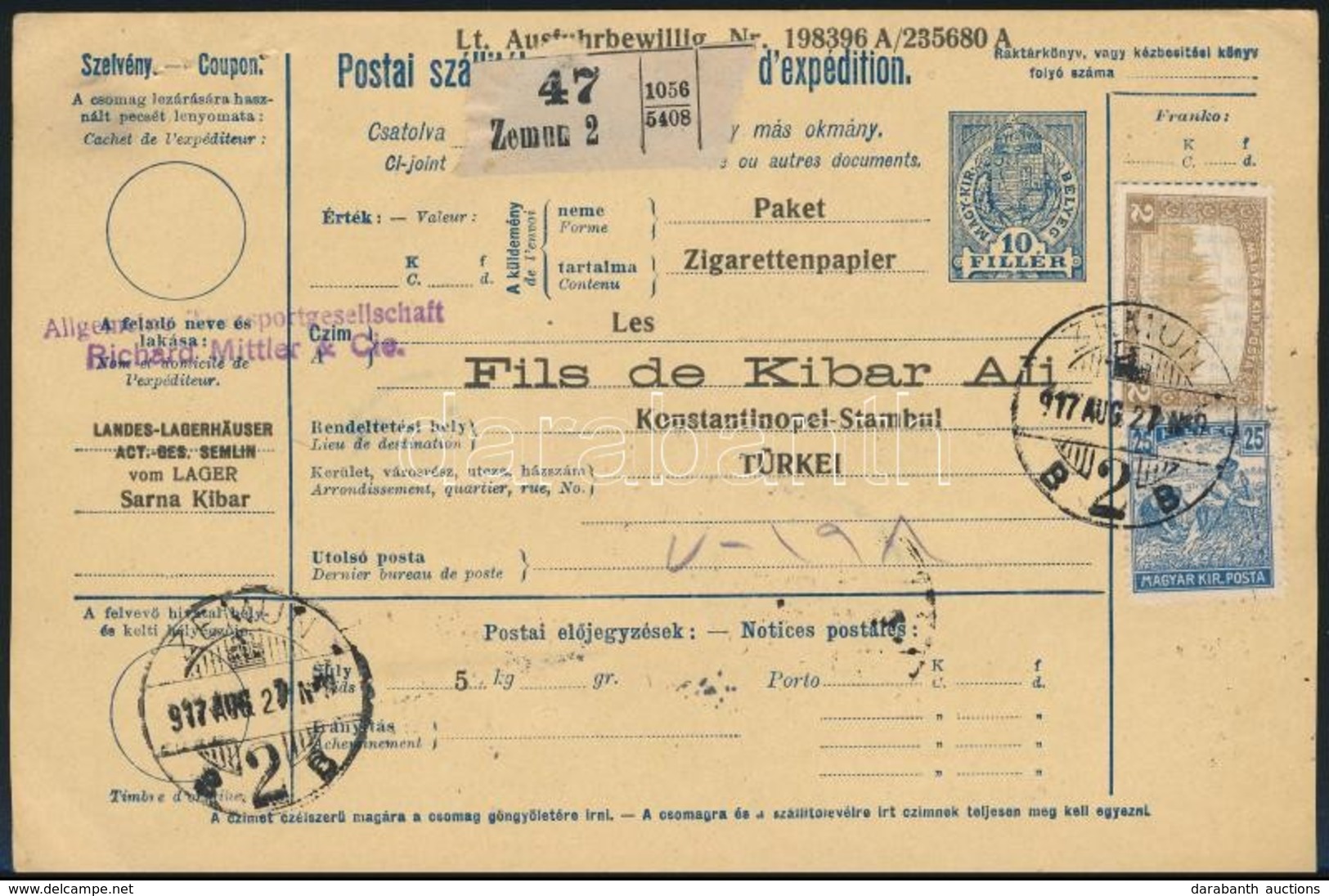 1917 Csomagszállító Arató 25f + Parlament 2K Bérmentesítéssel Törökországba Küldve, Hátoldalán Török Illeték / Parcel Ca - Sonstige & Ohne Zuordnung
