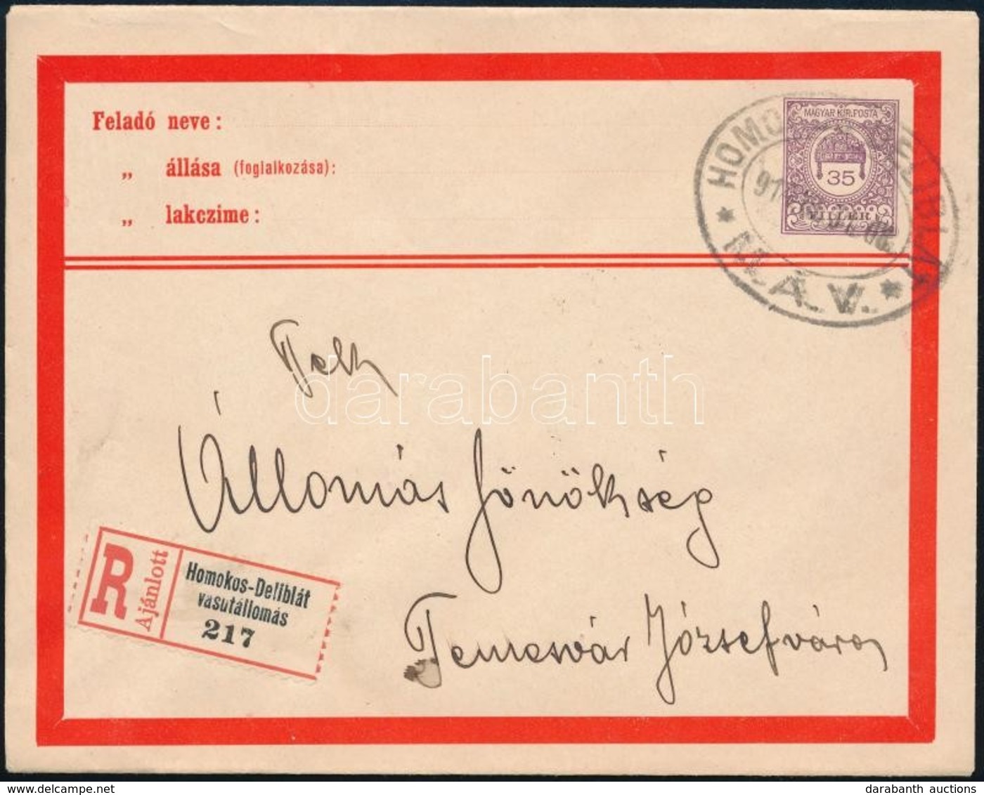 1917 Ajánlott 35f Díjjegyes Levelezőlap, Ovális 'HOMOKOS-DELIBLÁT / M.Á.V.' Bélyegzéssel / Registered PS-cover With Rail - Sonstige & Ohne Zuordnung