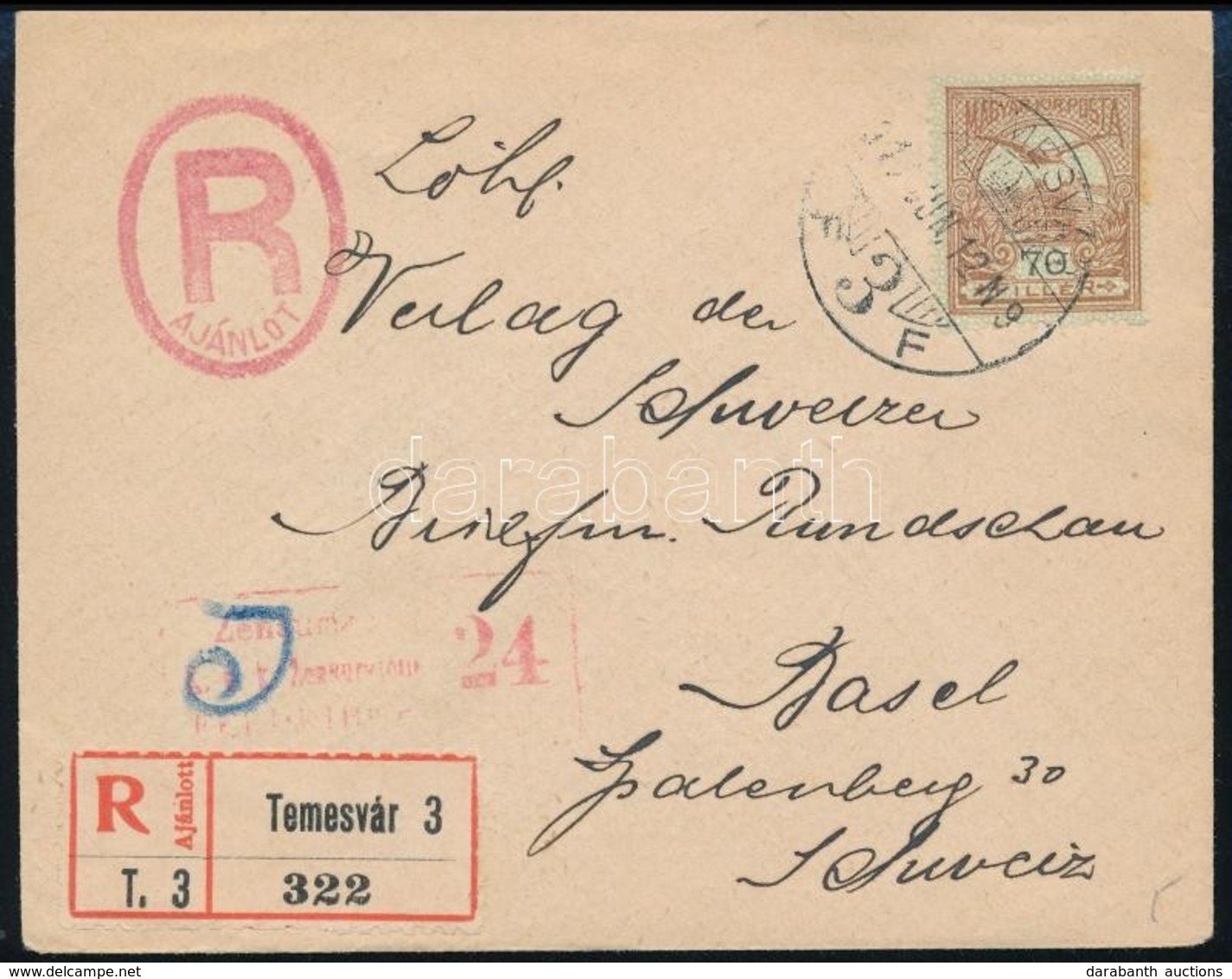 1917 Ajánlott Levél 70f Bérmentesítéssel Temesvárról Svájcba, Cenzúrázva (ritka Ajánlási Bélyegzővel) / Registered Cover - Sonstige & Ohne Zuordnung