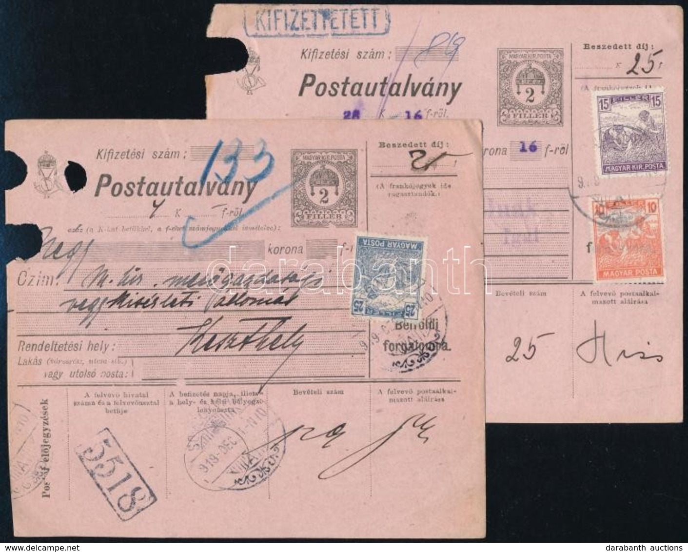 1917-1919 4 Db Postautalvány Postakezelési Lyukasztásokkal / 4 PS-money Orders - Sonstige & Ohne Zuordnung