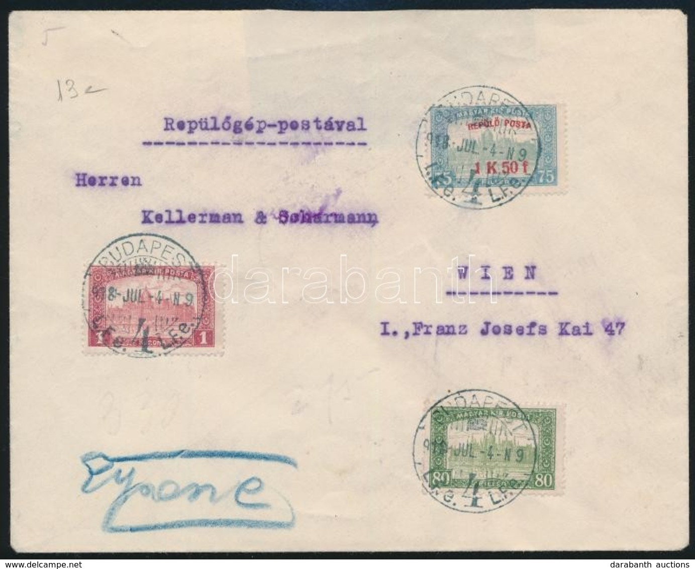 1918 Légi Levél Bécsbe / Airmail Cover To Vienna (sérült Boríték / Damaged Envelope) - Sonstige & Ohne Zuordnung
