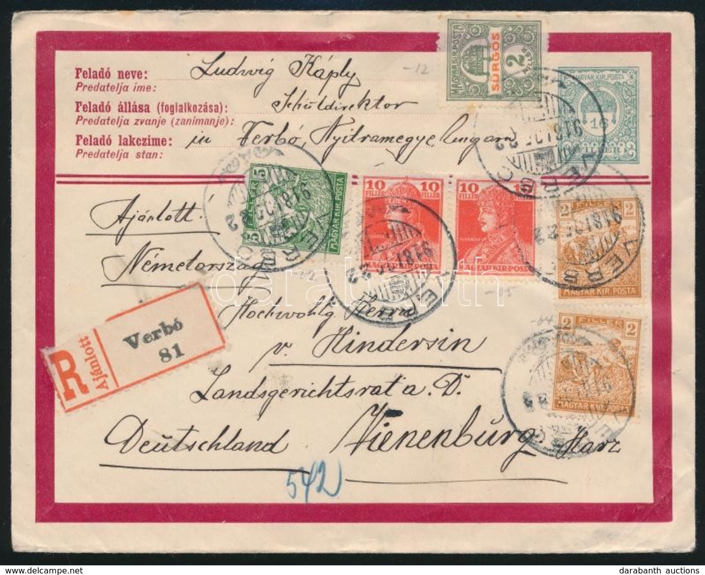 1918 Ajánlott Levél Németországba / Registered Cover To Germany 'VERBÓ' - Sonstige & Ohne Zuordnung