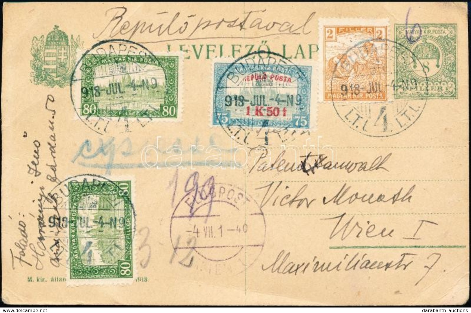 1918. Júl. 4. Elsőnapi Légi Levelezőlap Bécsbe Repülő Posta 1K 50f + Kiegészítő Bérmentesítéssel / First Day Airmail Car - Sonstige & Ohne Zuordnung