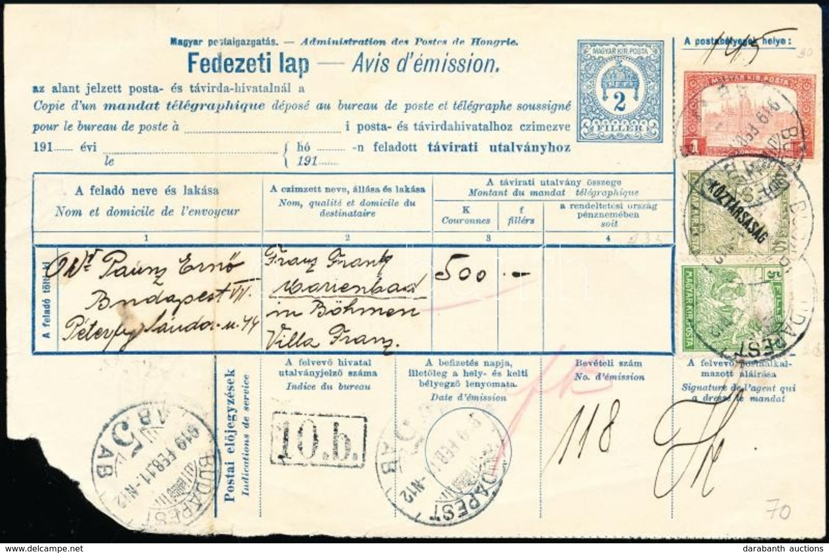 1919 Fedezeti Lap Távirati Utalványhoz / Avis D'emission For Telegramm Money Order - Sonstige & Ohne Zuordnung