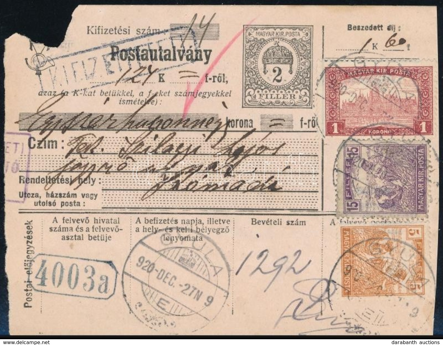 1920 Díjjegyes Postautalvány 1,60K Bérmentesítéssel / PS-money Order With 1,60K Franking - Sonstige & Ohne Zuordnung