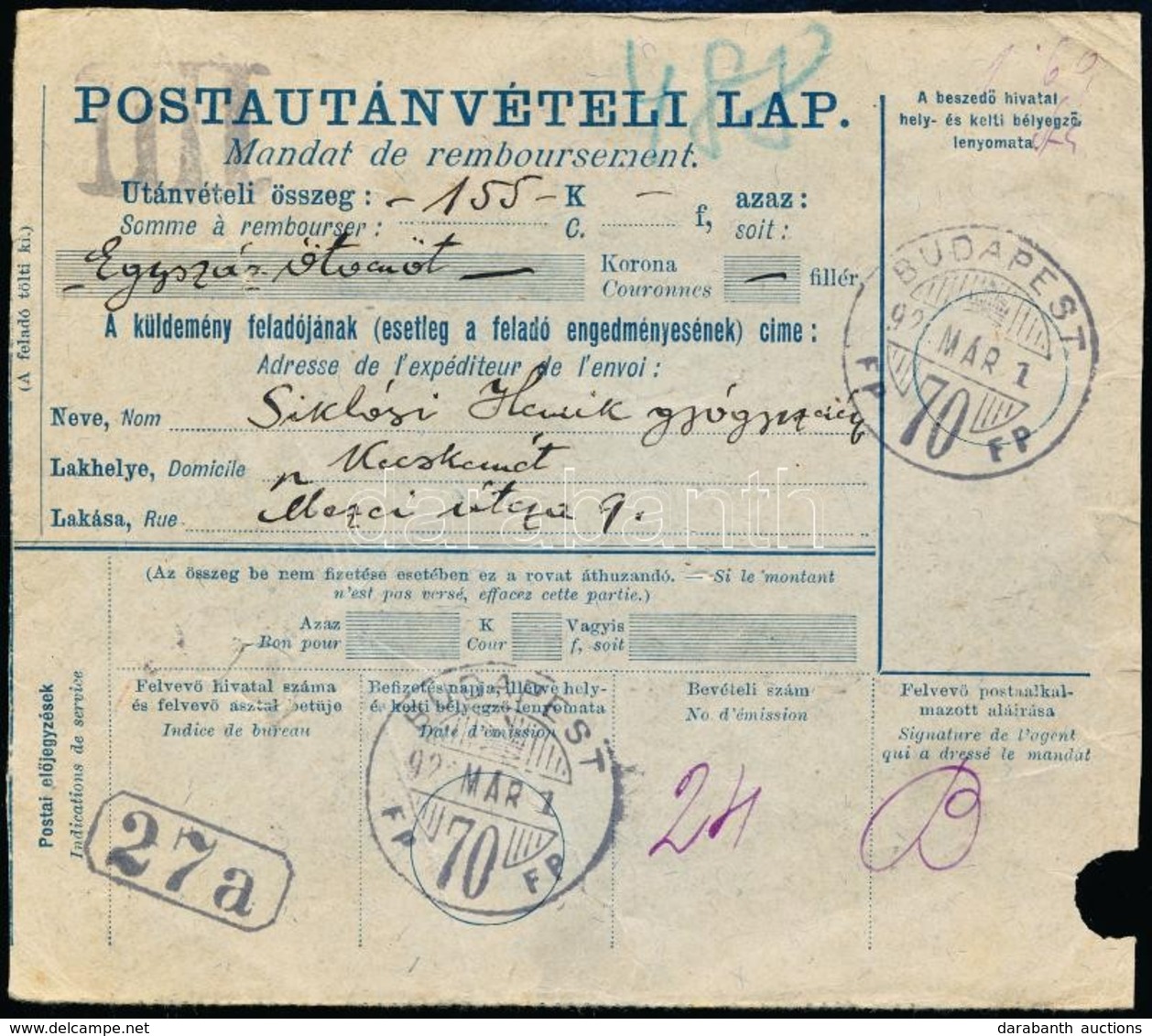 1921 Postautánvételi Lap 1,60K Bérmentesítéssel / PS-COD Card With 1,60K Franking - Sonstige & Ohne Zuordnung