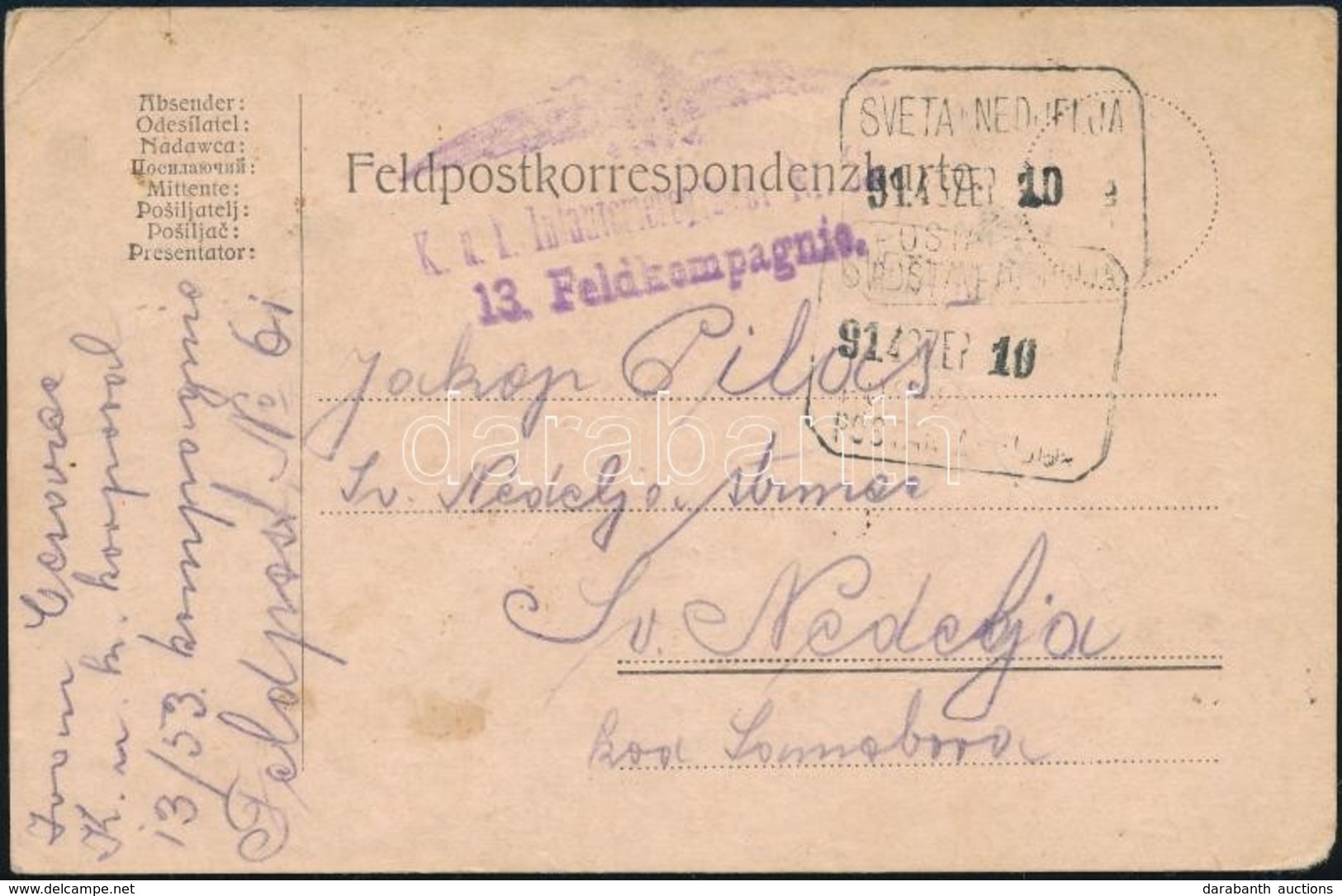 1914 Tábori Posta Levelezőlap SVETA NEDJELJA Postaügynökségi érkezési Bélyegzéssel / Field Postcard With Postal Agency A - Autres & Non Classés