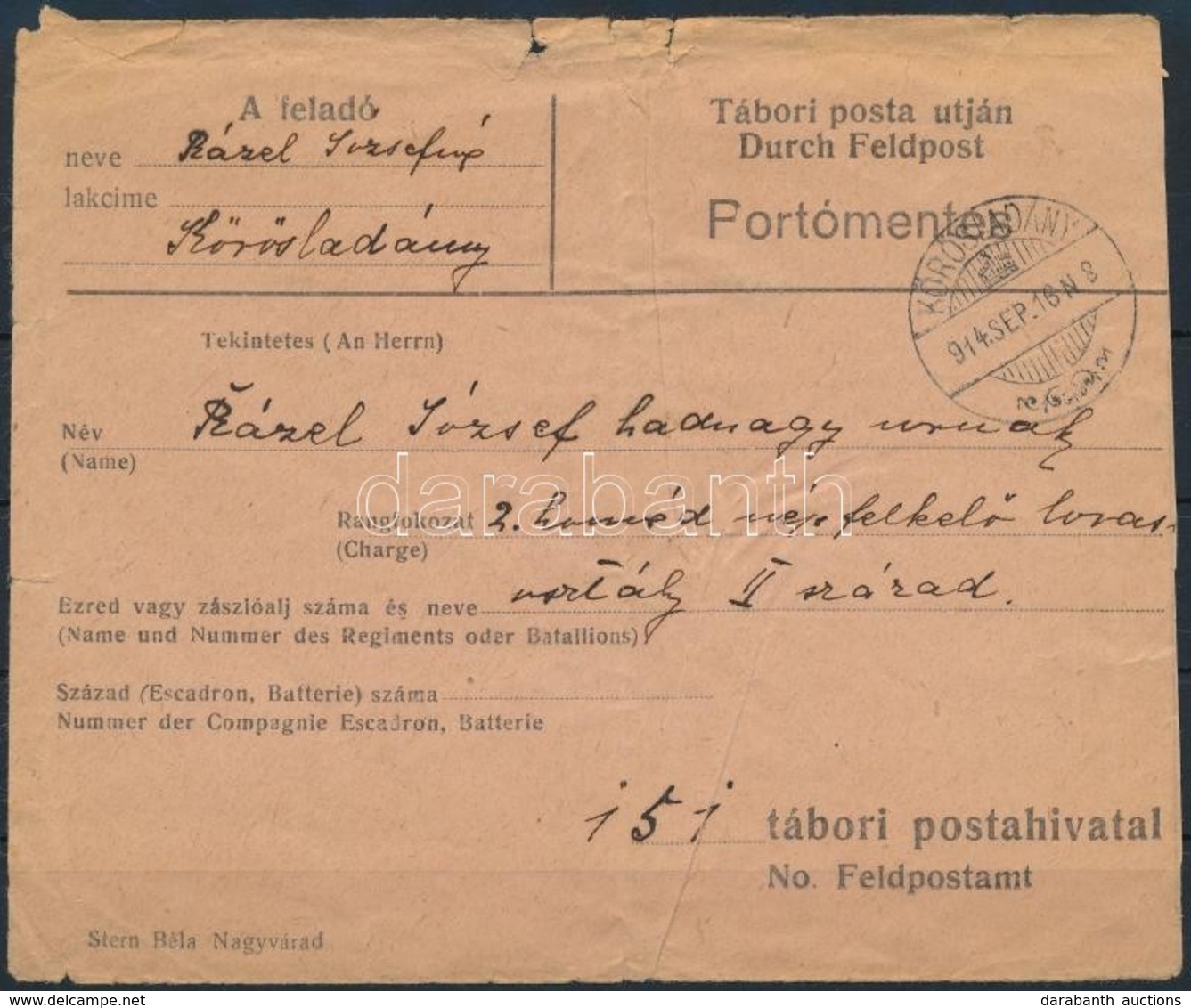 1914 Előnyomott Tábori Posta Boríték Tábori Postacímre Küldve / Printed Field Post Cover Sent To Field Post Address - Autres & Non Classés