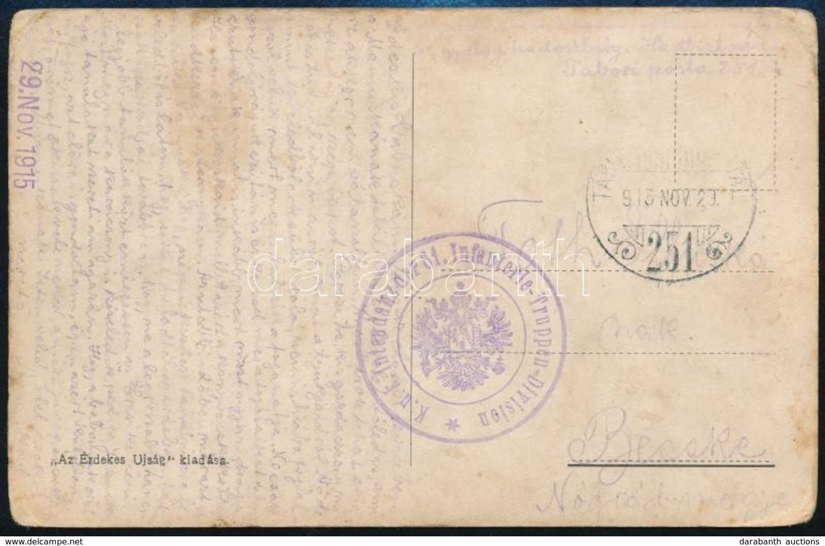 1915 Katonai Képeslap Tábori Postán Küldve / Military Postcard Sent By Field Post 'K.u.k. Intendanz Der 61. Infanterie-T - Autres & Non Classés