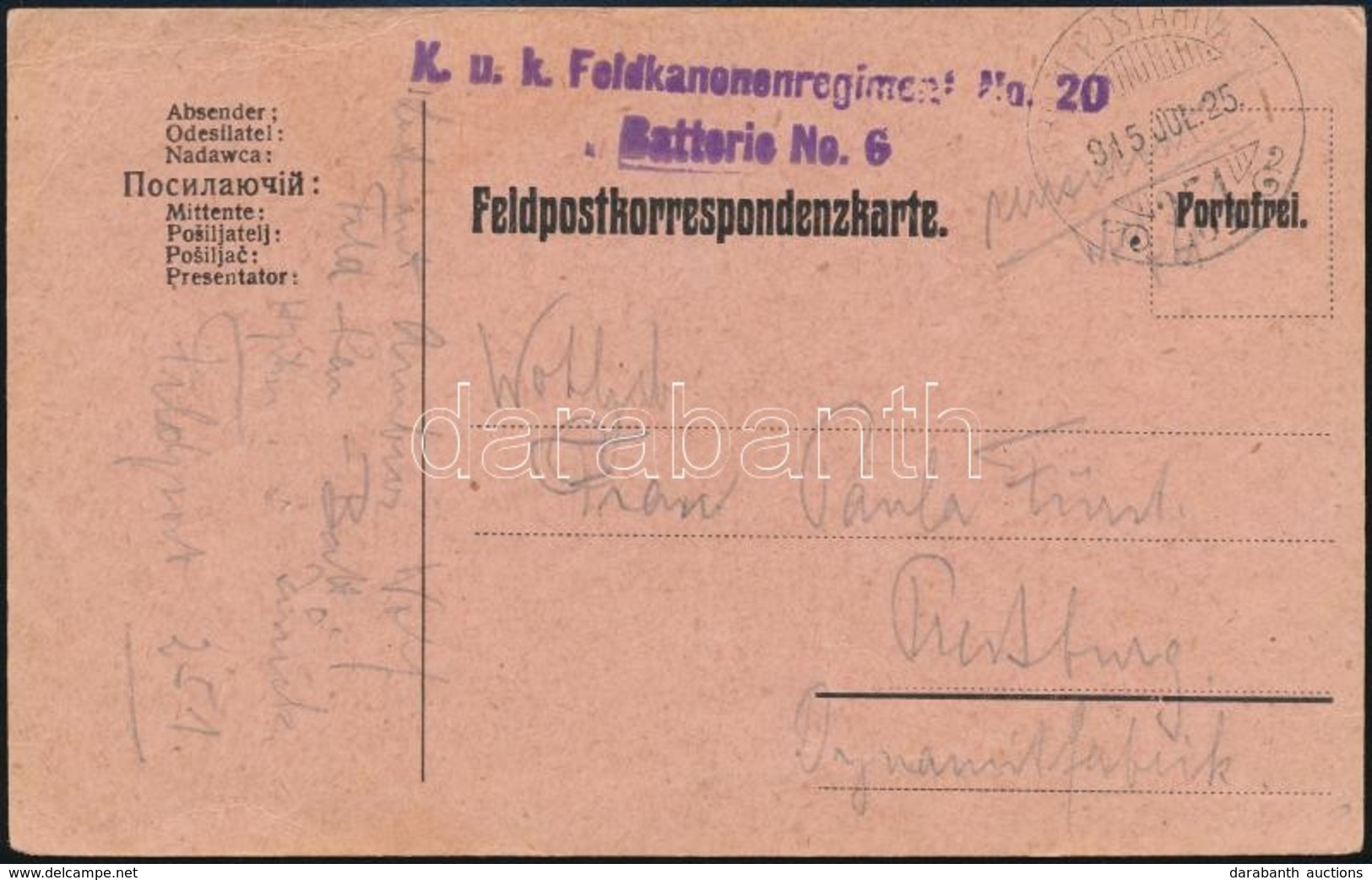 1915 Tábori Posta Levelezőlap / Field Postcard 'K.u.k. Feldkanonenregiment No.20. Batterie No.6.' + 'TP 251' - Autres & Non Classés