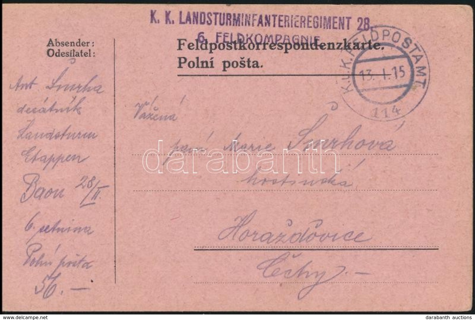 1915 Tábori Posta Levelezőlap / Field Postcard 'K.K. LANDSTURMINFANTERIEREGIMENT 28. 6. FELDKOMPAGNIE' + 'FP 114' - Sonstige & Ohne Zuordnung