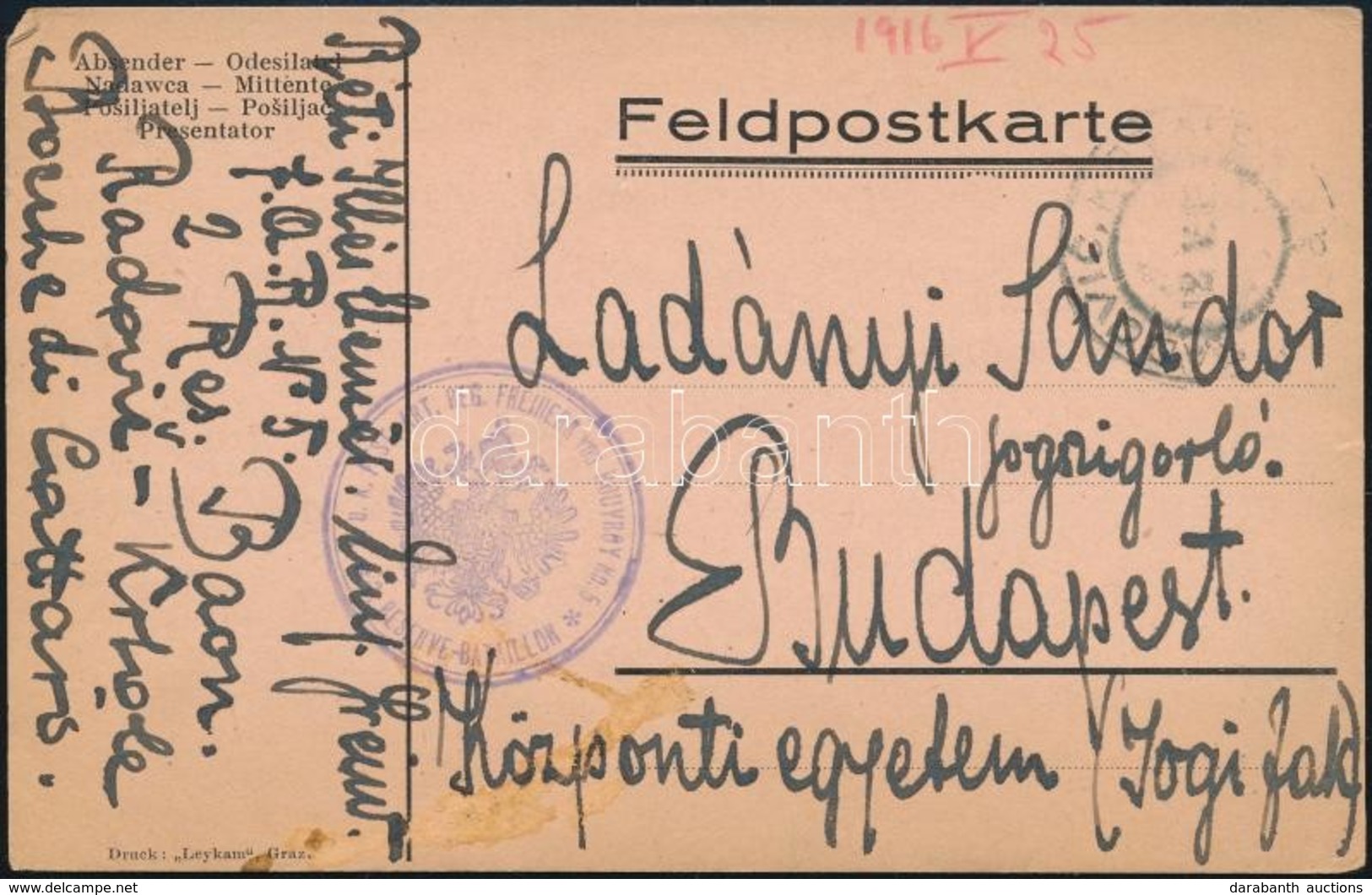 1915 Tábori Posta Levelezőlap / Field Postcard 'K.u.k. Fest. Art. Reg. Freiherr Von Rouvroy No.5. 2. Reserve Bataillon'  - Autres & Non Classés