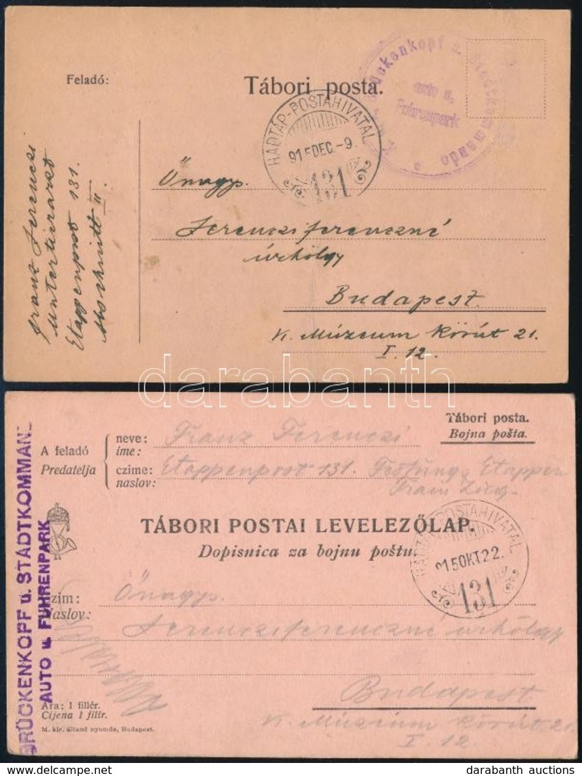 1915 2 Db Tábori Posta Levelezőlap Vonal- és Körbélyegzéssel/ 2 Field Postcards 'K.u.K. BRÜCKENKOPF U. STADTKOMMANDO AUT - Autres & Non Classés