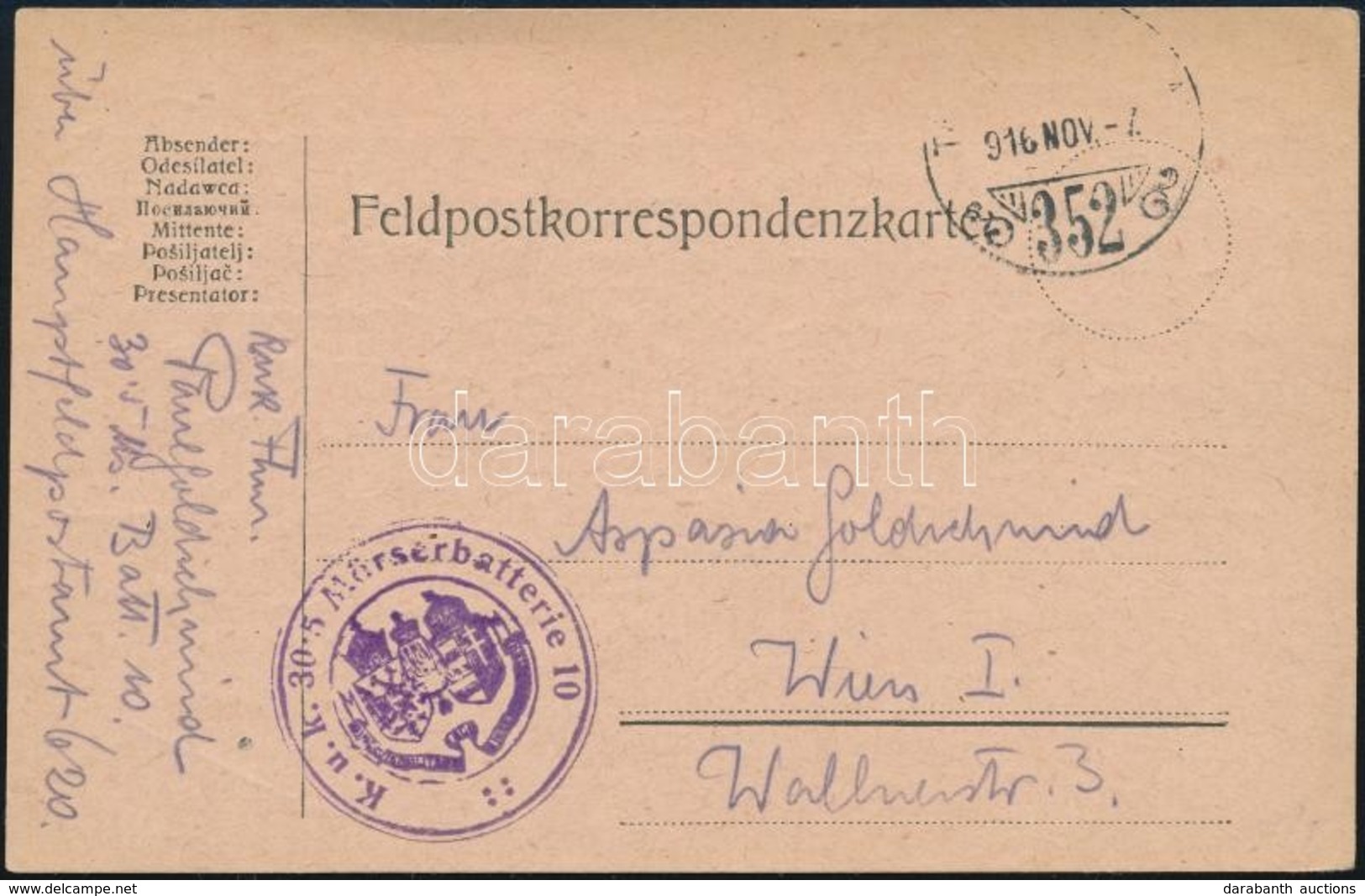 1916 Tábori Posta Levelezőlap / Field Postcard 'K.u.k. 305 Mörserbatterie 10' + 'TP 352' - Autres & Non Classés