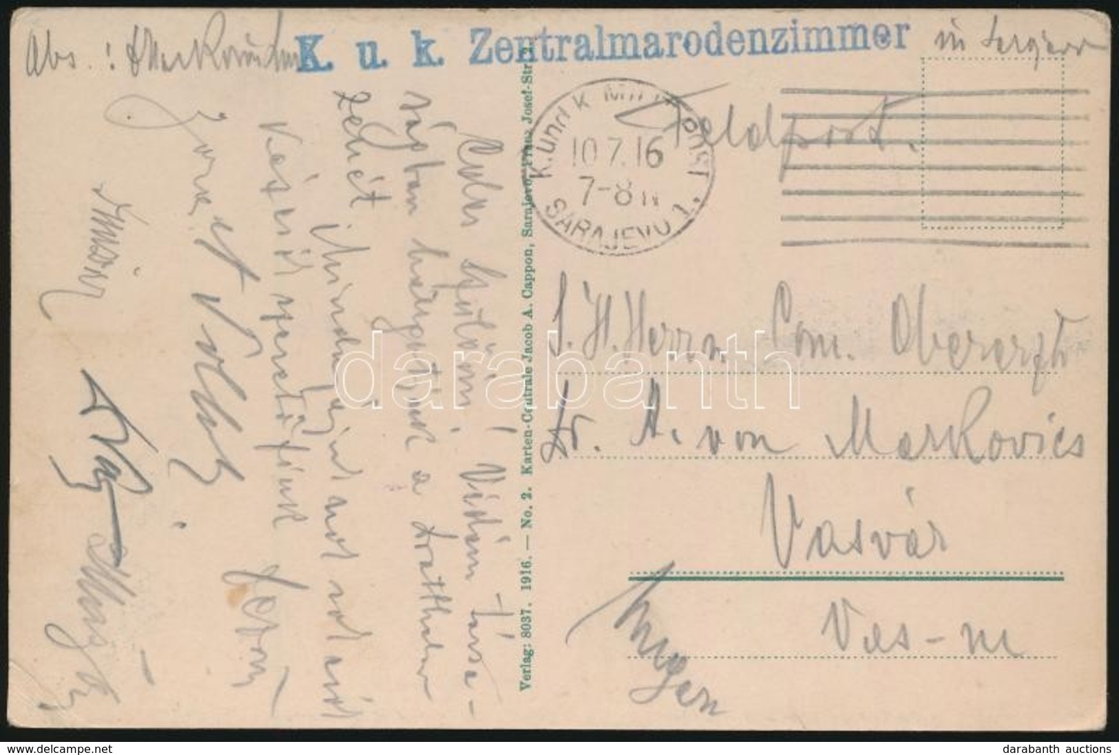 1916 Tábori Posta Képeslap / Field Postcard 'K.u.k. Zentralmarodenzimmer' + 'MP SARAJEVO' - Sonstige & Ohne Zuordnung