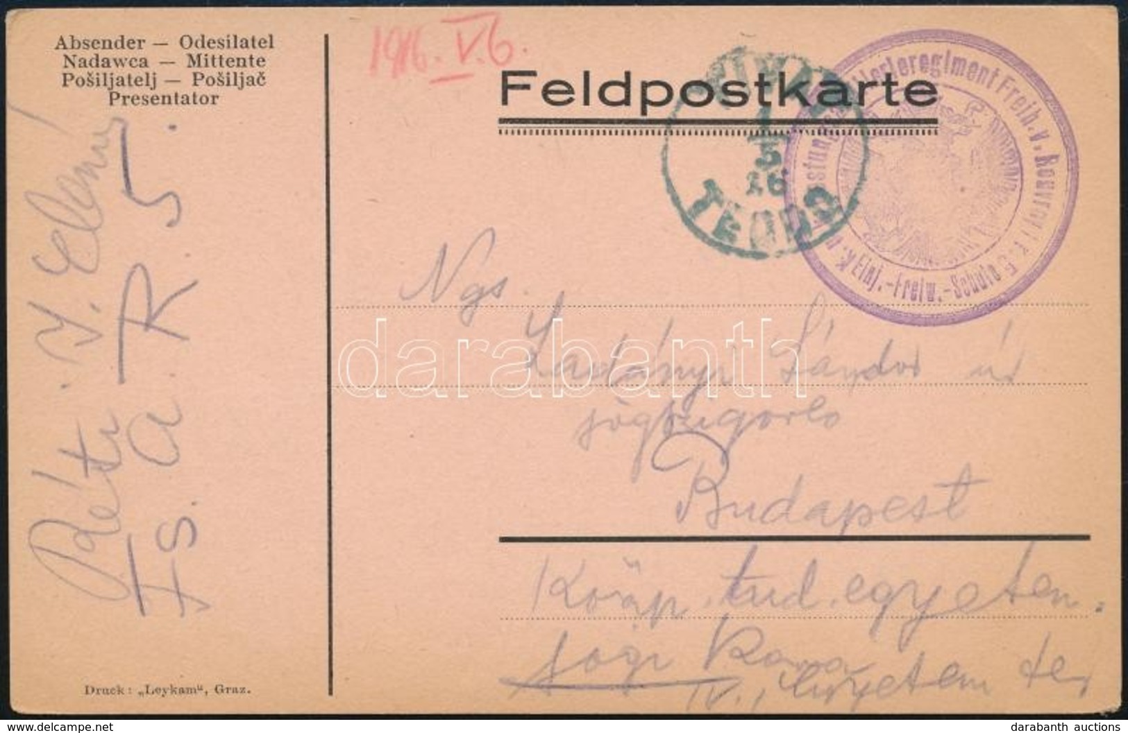 1916 Tábori Posta Levelezőlap Montenegróból / Field Postcard 'K.u.k. Festungsartillerieregiment Freih. V. Rouvroy Nr.5.  - Sonstige & Ohne Zuordnung