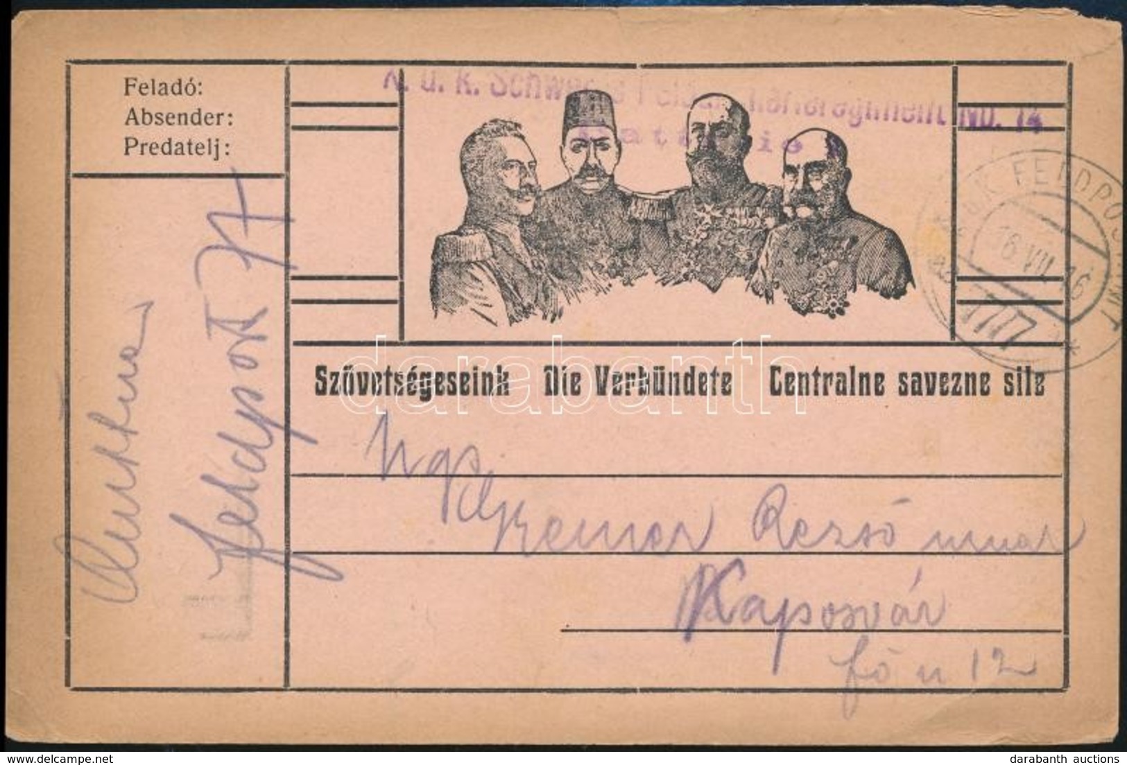 1916 Tábori Posta Levelezőlap / Field Postcard 'K.u.k. Schweres Feld...' + 'FP 77' - Autres & Non Classés