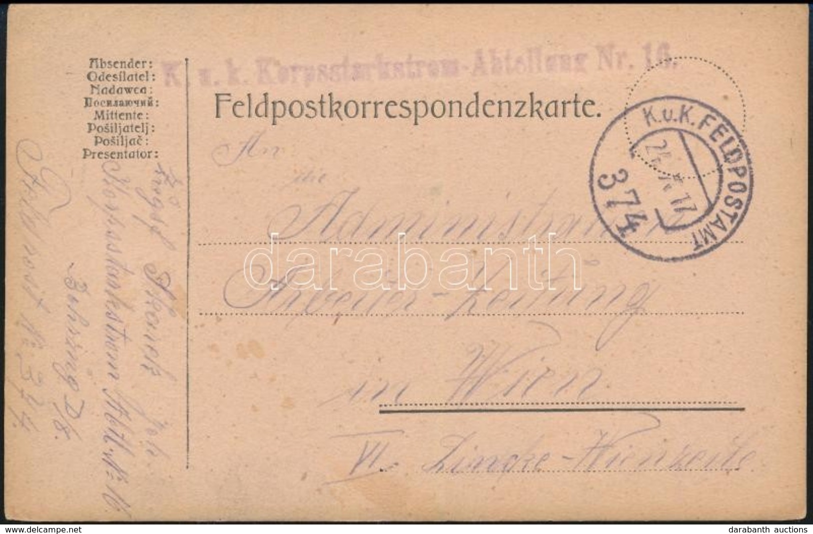 1917 Tábori Posta Levelezőlap / Field Postcard 'K.u.k. Korpsstarkstorm-Abteilung Nr.16.' + 'FP 374' - Autres & Non Classés