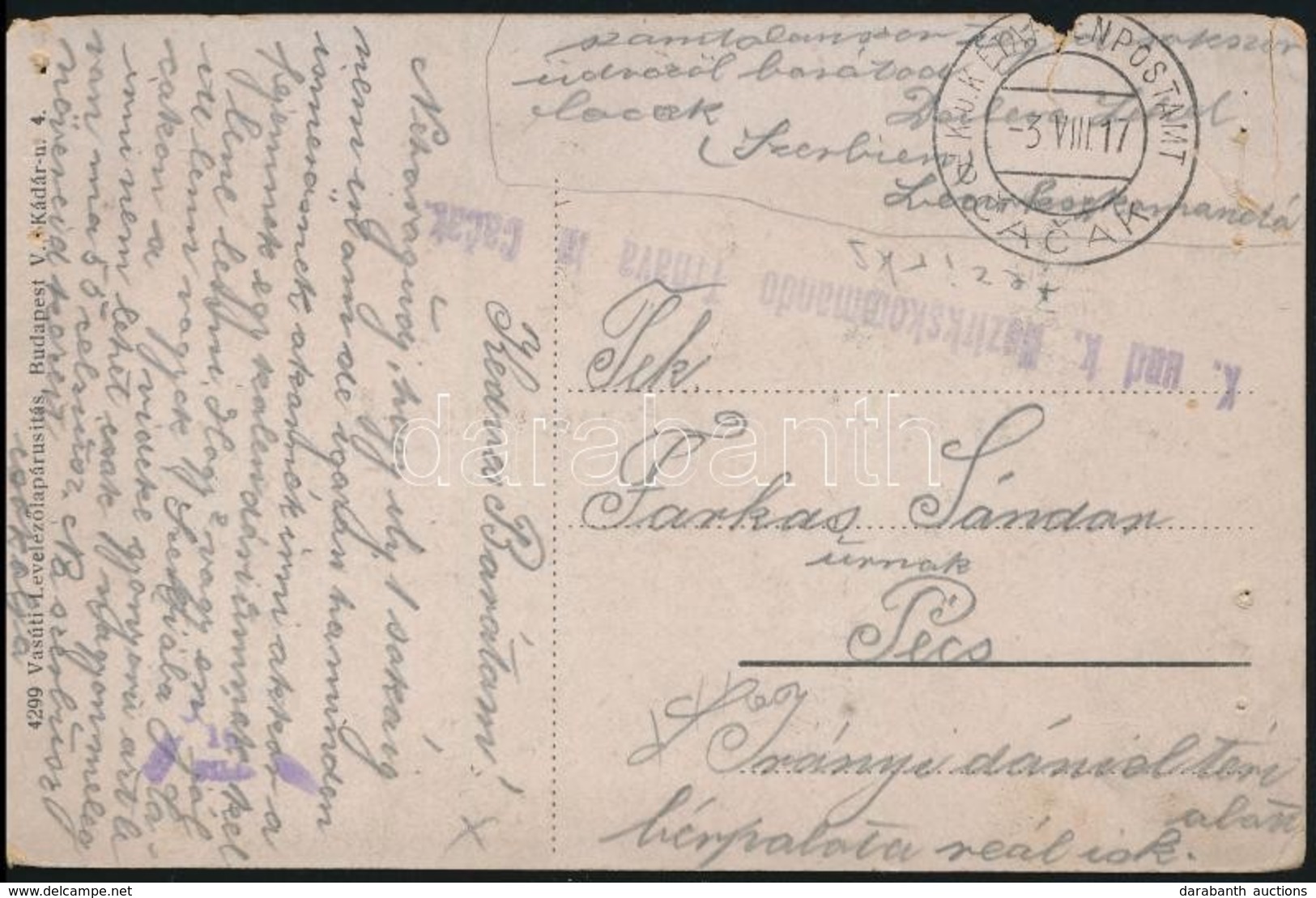 1917 Tábori Posta Képeslap / Field Postcard 'K. Und K. Bezirkskommando Trnava In Cacak' + 'EP CACAK B' (kis Szakadás / S - Sonstige & Ohne Zuordnung
