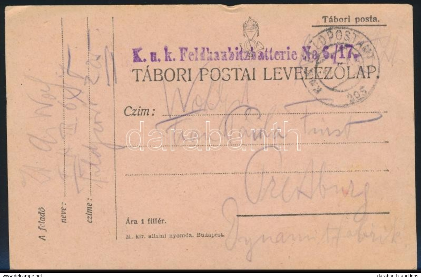 1917 Tábori Posta Levelezőlap / Field Postcard 'K.u.k. Feldhaubitzbatterie No. S.17.' + 'FP 205'' - Sonstige & Ohne Zuordnung
