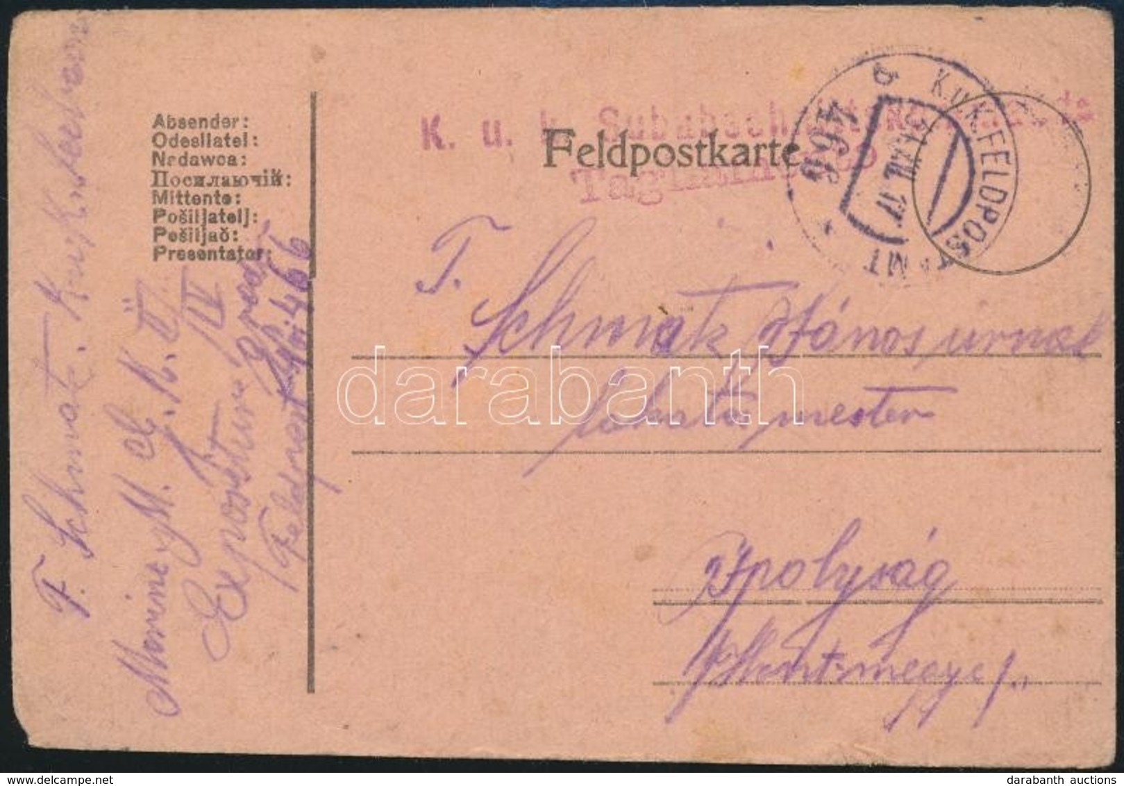 1917 Tábori Posta Levelezőlap / Field Postcard 'K.u.k. Subabschnittskommando Tagliamento' + 'FP 466 B' - Autres & Non Classés